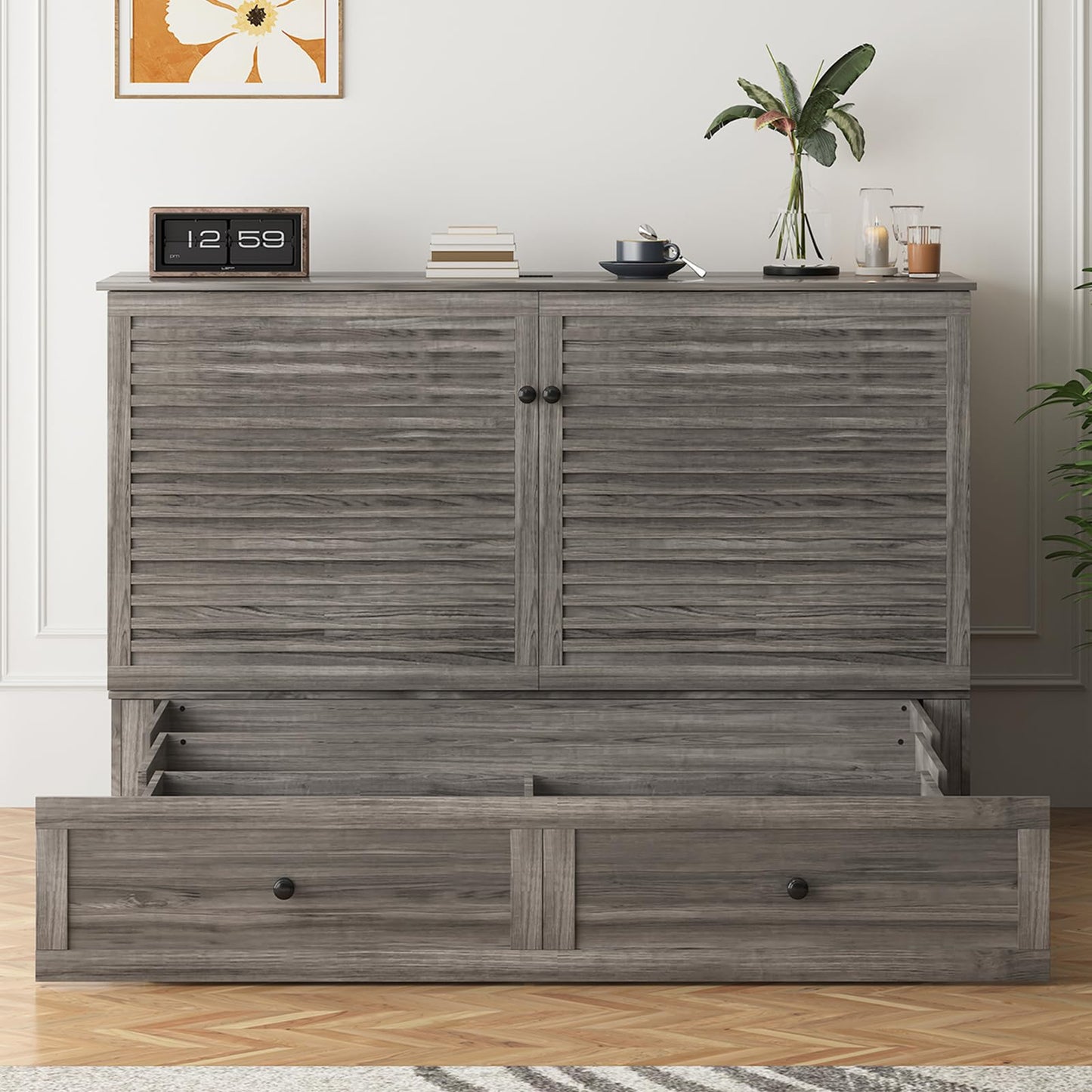 PUREMIND Queen Murphy Bed with Mattress Included, Murphy Bed Cabinet with Storage Drawer, Charging Station, Headboard, Space Saving Wall Beds for Guest Room