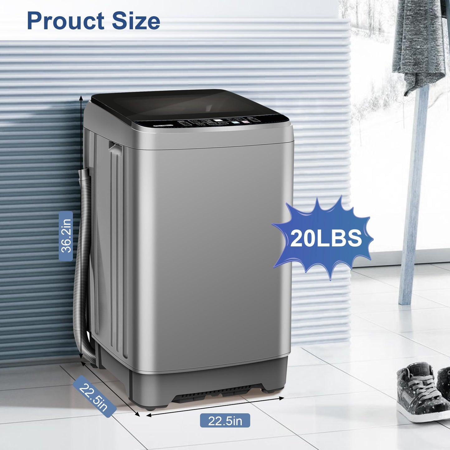 20lbs Portable Washing Machine, Fully Automatic Laundry Washer with LED Display, 10 Programs & 8 Water Levels, Top Load Clothes Washer for Apartment, Dorm, Grey