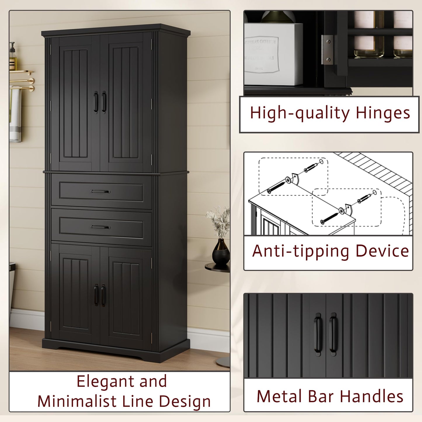 Merax 72.5" Tall Kitchen Pantry Storage Cabinet, Farmhouse Freestanding Large Cupboard with Two Drawers, Bathroom Cabinet with Adjustable Shelves, 6 Door-Shelf for Dining Room, Black