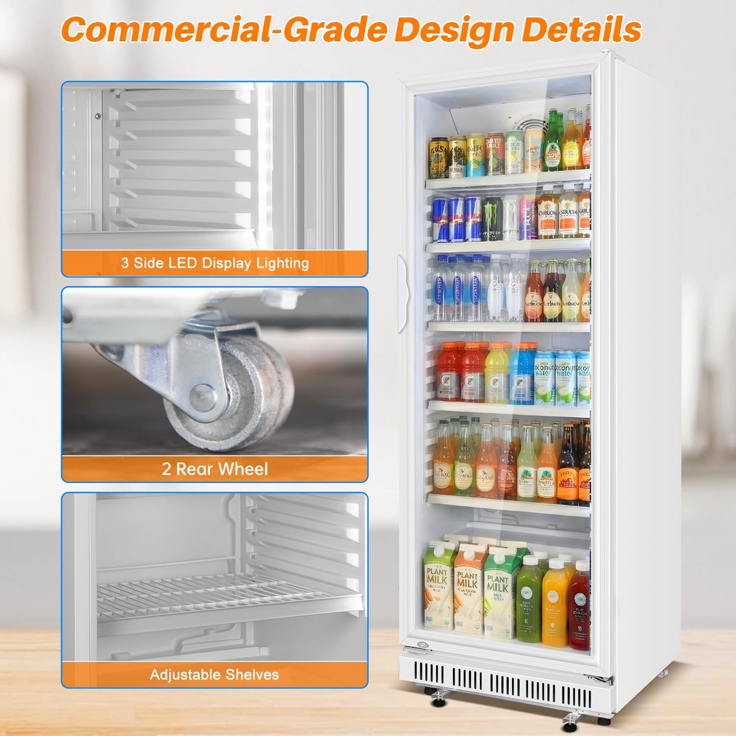 Velivi Commercial Beverage Refrigerator, 24.5" Glass Door Display Fridge, 15 Cu.Ft Beverage Cooler with 5 Adjustable Shelves, Auto Rebound Door, Low Noise, for Shops, Restaurants & Bars WHITE