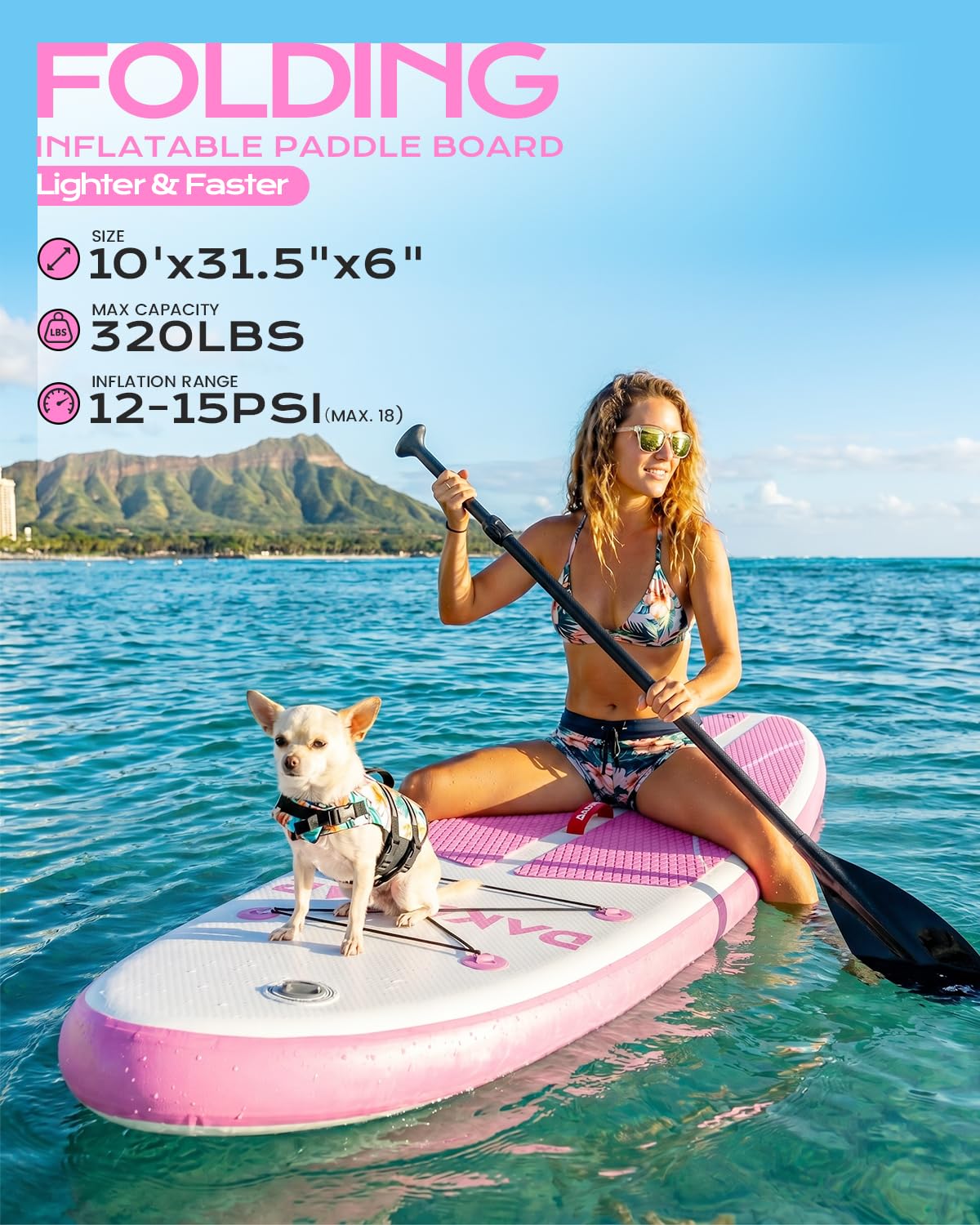 DAKUWAR Inflatable Paddle Board 10'x31.5''x6'' Folding Stand up Paddle Boards with SUP Accessories Valve Adaptor/2 fins/SUP Backpack/Ankle Leash/Repair Kit (Pink and White)