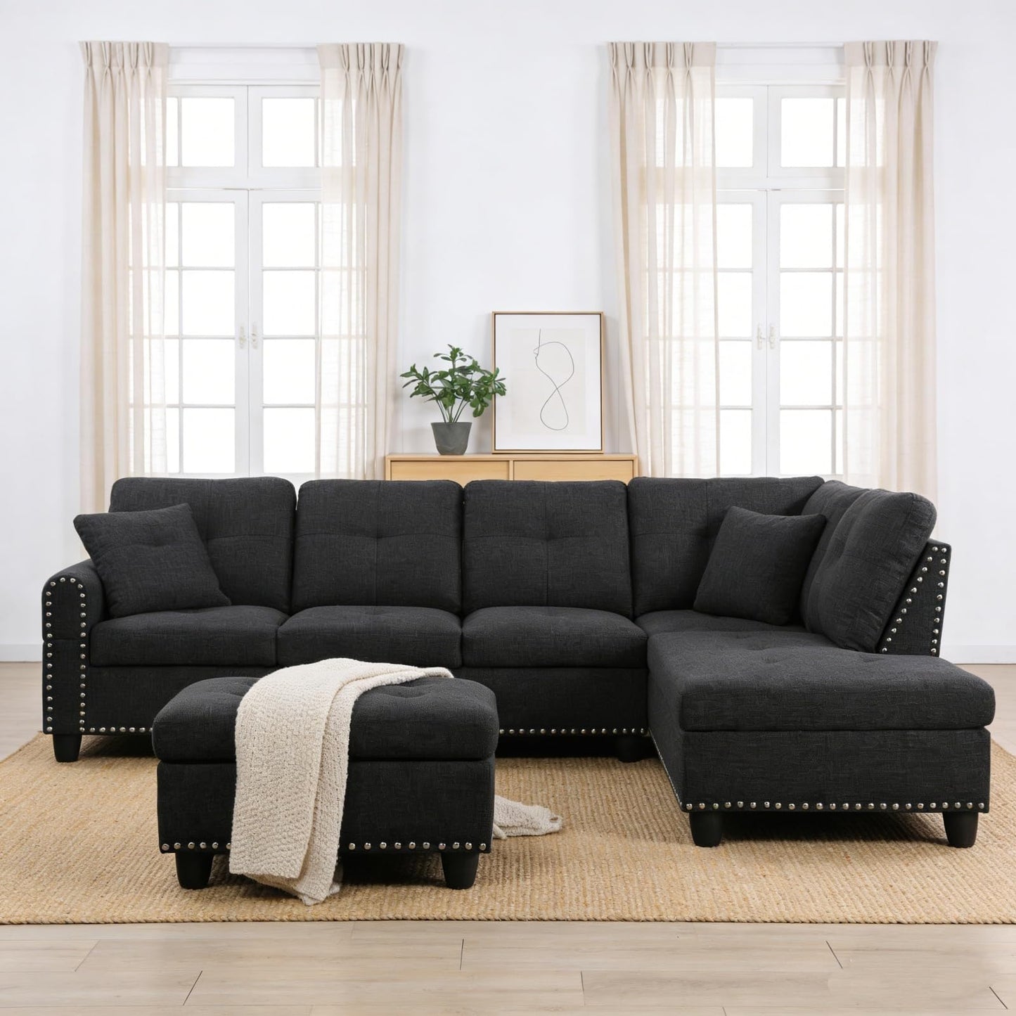 Trygoal L-Shape Sofa with Storage Ottoman & Reversible Coffee Table, Linen Sectional Couch with Right Chaise, 3-Piece Sofa Set for Living Room, Upholstered Couch Set with Solid Wood Frame, Black Grey