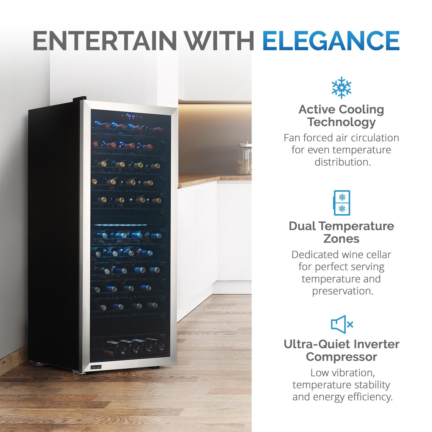 NewAir 24" Dual Zone Wine Fridge for 98 Bottles | Built-In or Freestanding Wine Cooler Refrigerator with Glass Door | Ultra-Quiet Inverter Compressor & Adjustable Racks | Stainless Steel