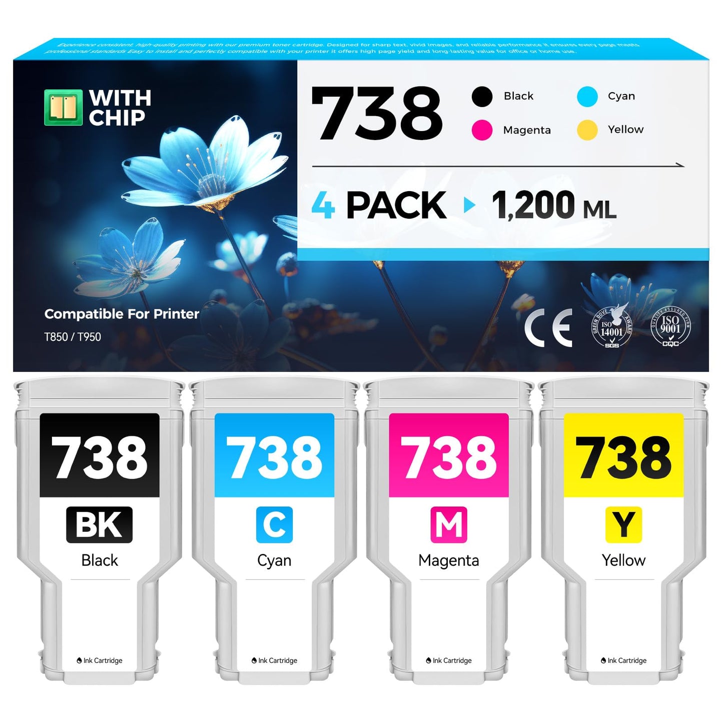 738 Ink Cartridges set 4-Pack 300-ml High Yield with Chip Replacement for HP 738 498N8A 676M6A 676M7A 676M8A Compatible with HP DesignJet T850 T950 Wide Format Color Printer Black Cyan Yellow Magenta