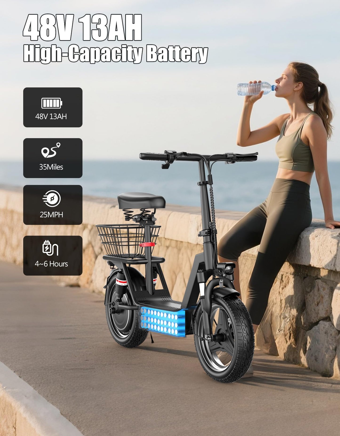 Electric Scooter for Adults, 1000W Peak Motor, 35 Miles of Range Scooter with Seat, 25 MPH Top Speed, 48V 13Ah Battery, Dual Suspension, Foldable E-Scooter with Rear Basket for Cargo, Commuting, 2PCS