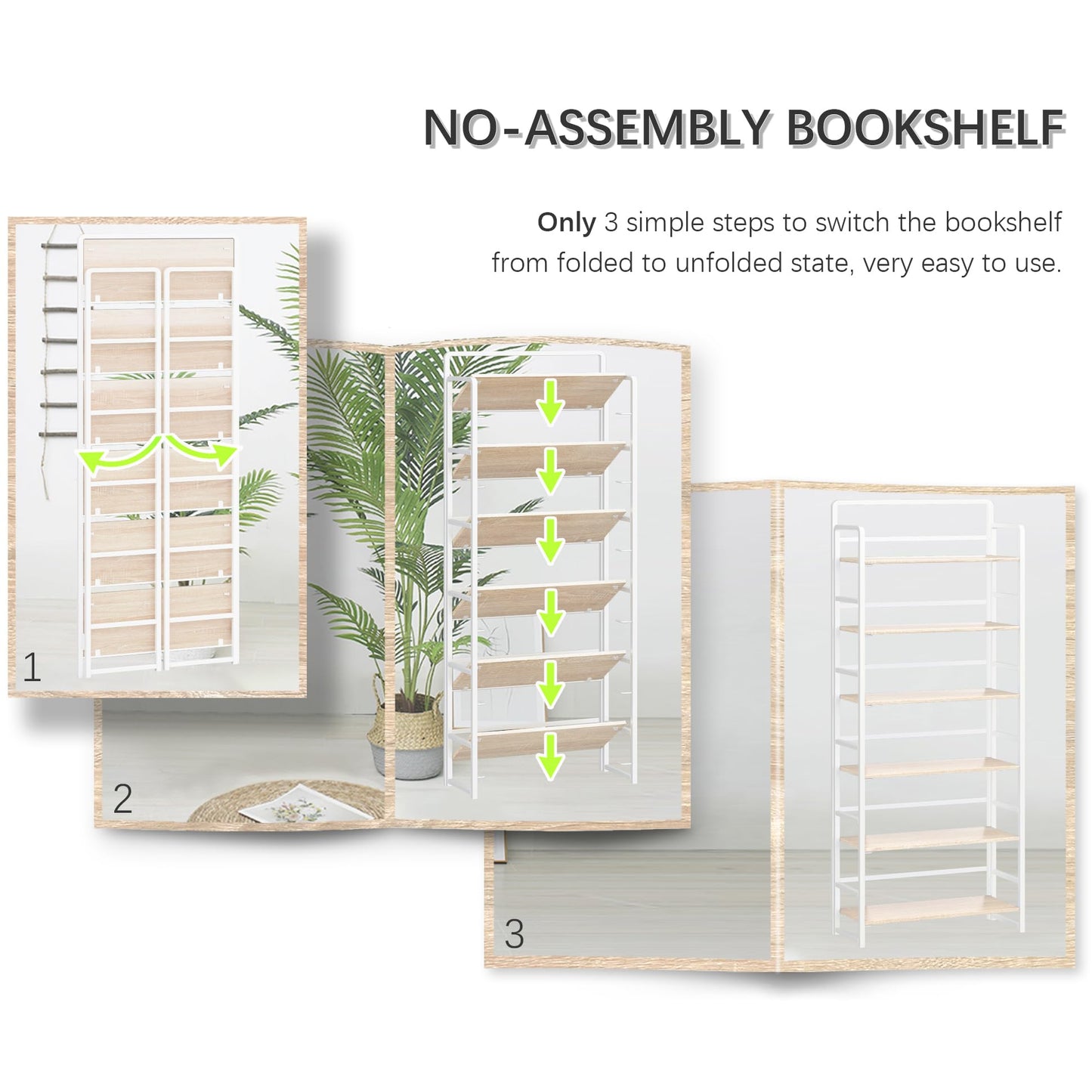 4NM No Assembly 6 Tiers Folding Bookshelf Storage Shelves Vintage Bookcase Standing Racks Study Organizer Home Office (Natural White)