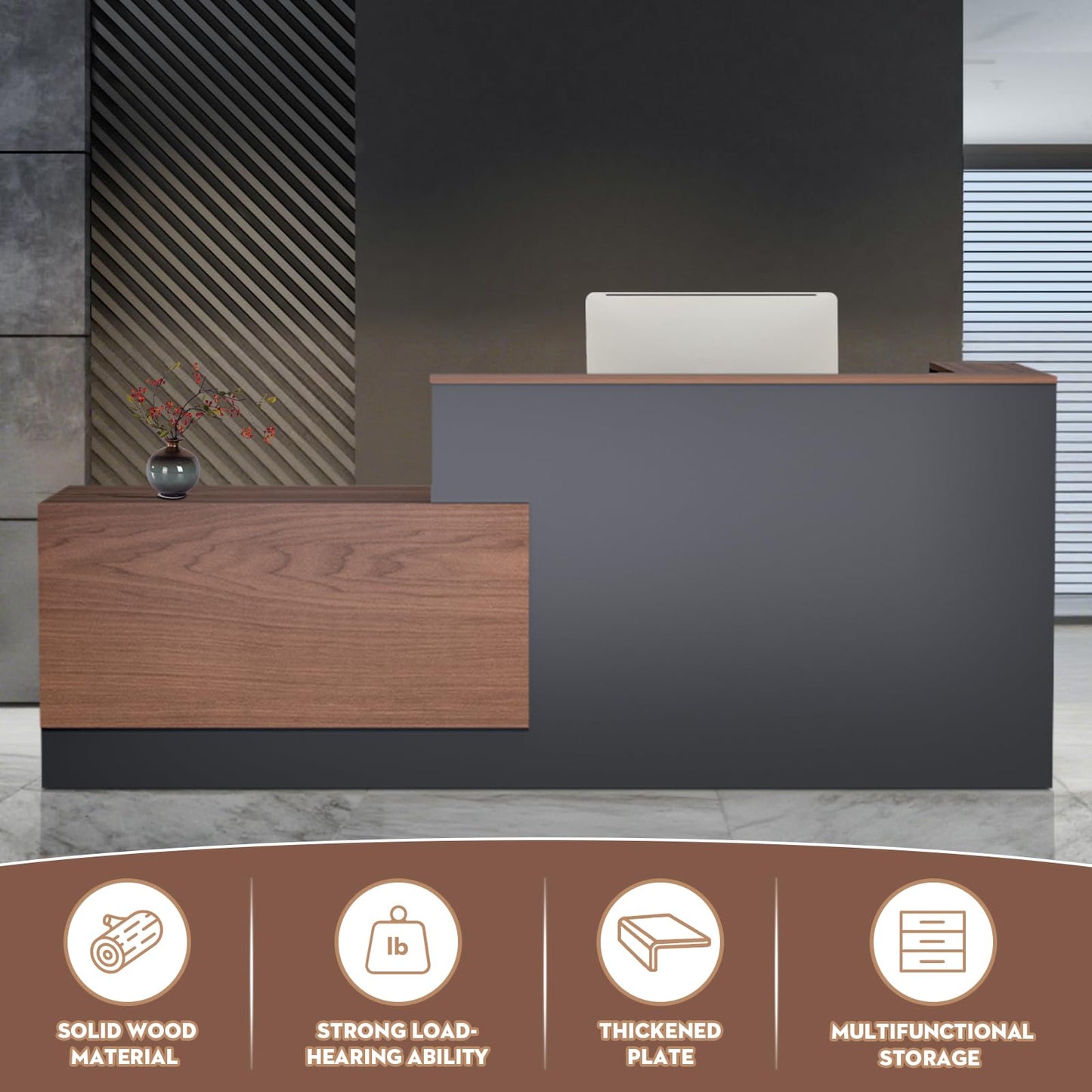 L-Shaped Large Wooden Reception Desk, Modern Front Desk Reception Counter with Lockable Drawers & Storage & Keyboard Tray, for Checkout, Lobby (Right-Walnut/Gray 87''L x 42''W x 41''H)