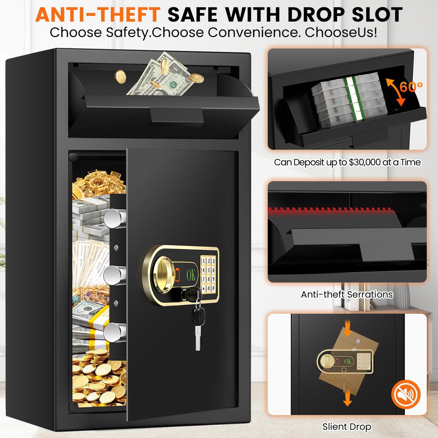 6.0 Cuft Large Depository Drop Safe for Business, Security Safe Box with Quick Place Drop Slot, Combination Lock & Spare Keys, Heavy-duty Commercial Cash Drop Box Safe for Retail Office Restaurant