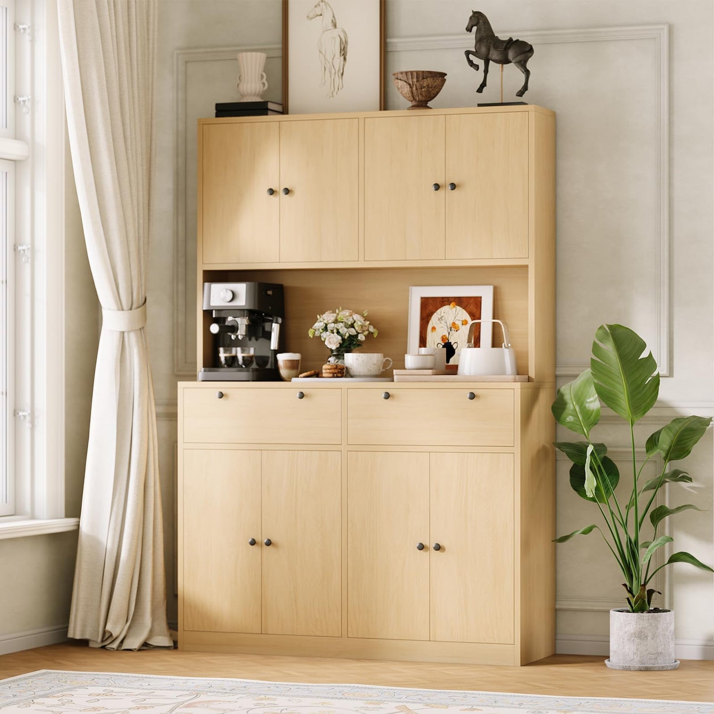 71" Tall Kitchen Pantry Storage Cabinet with Charging Station, Modern Tall Kitchen Hutch with Microwave Countertop, Wood Food Pantry Cabinet for Dining Room with Drawers and Doors for Dining Room