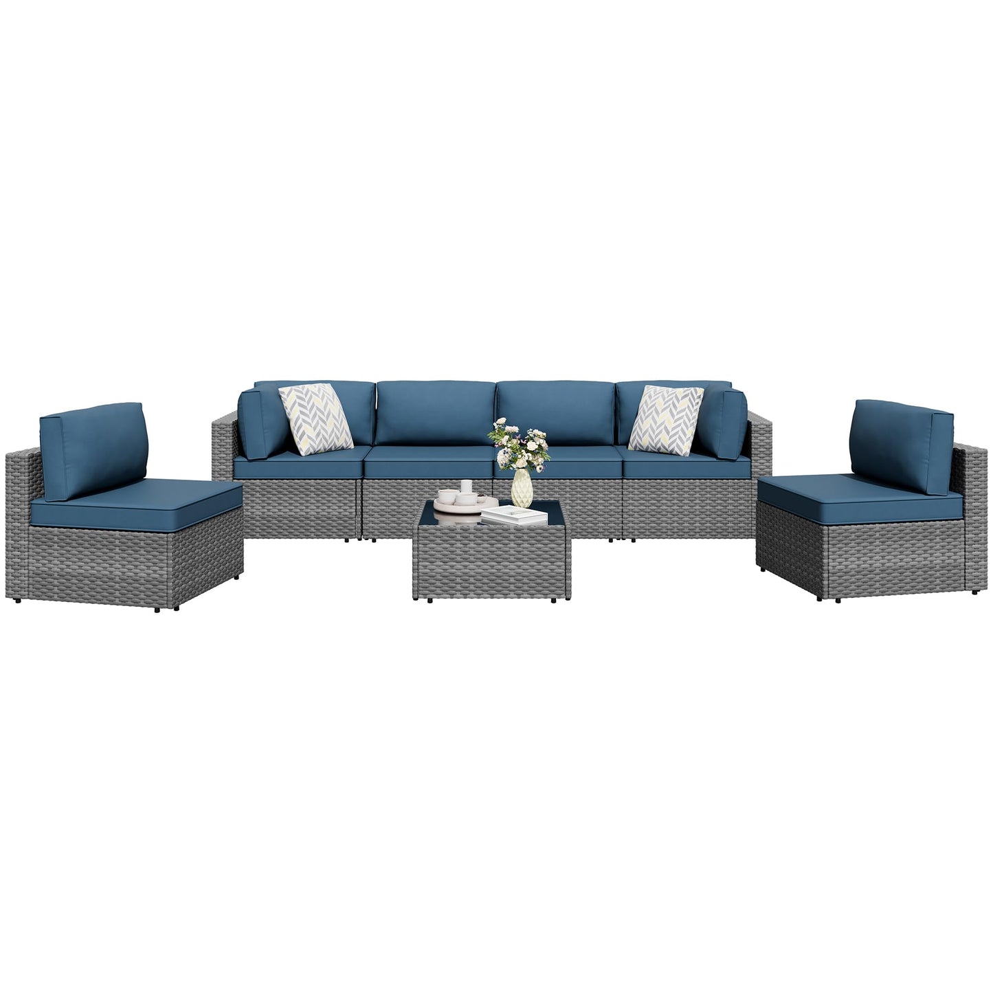 Shintenchi 7 Pieces Outdoor Patio Furniture Sets, Patio Sectional Sofa Couch, Gray PE Wicker Furniture Modular Patio Conversation Sets Patio Sofa with Washable Cushions, Aegean Blue