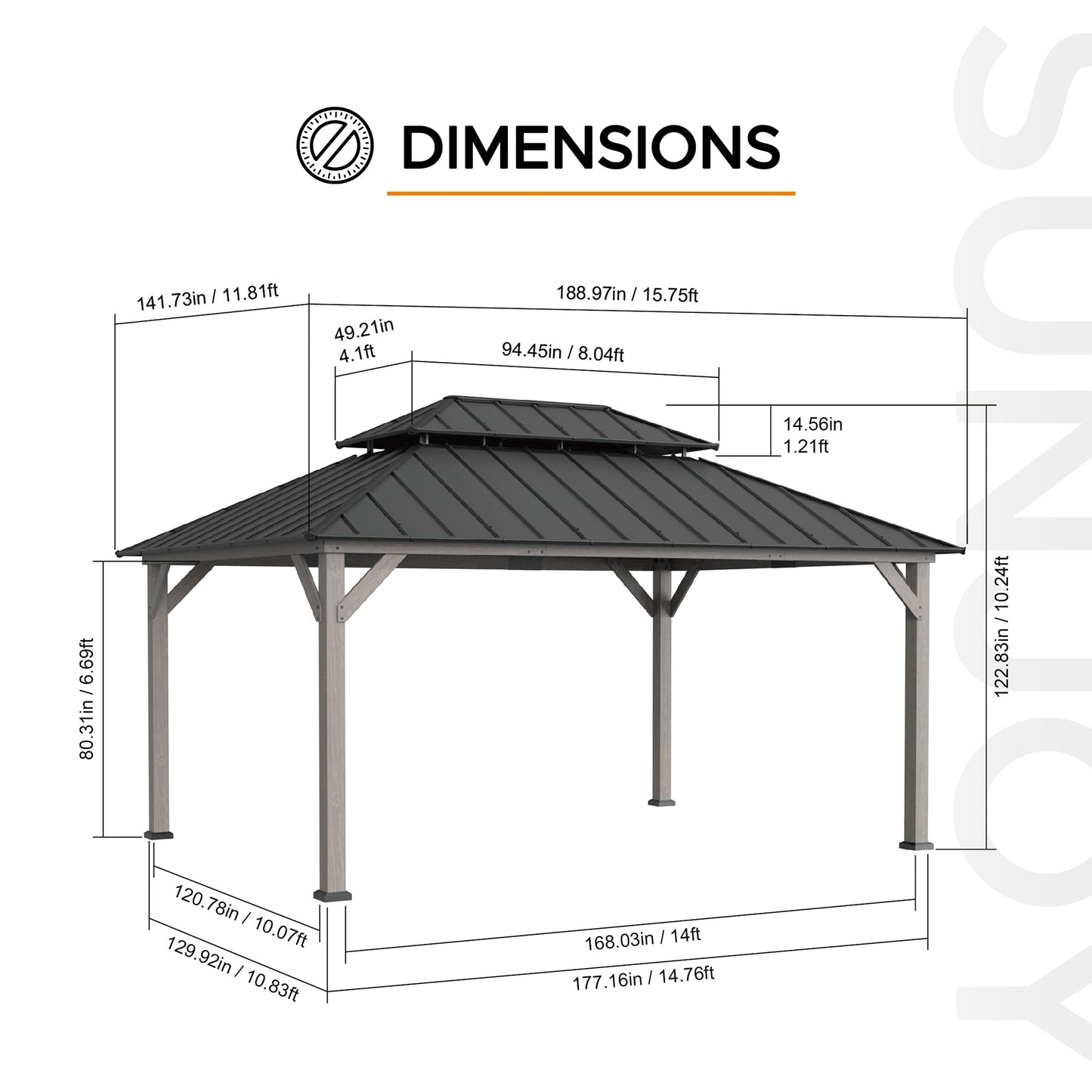 SUNJOY 12 x 16 ft. Wood Gazebo, Outdoor Patio Cedar Framed Steel Hardtop Gazebo with 2-Tier Metal Roof, Suitable for Patios, Lawn and Backyard, Matte Black Roof + Gray Wood Frame