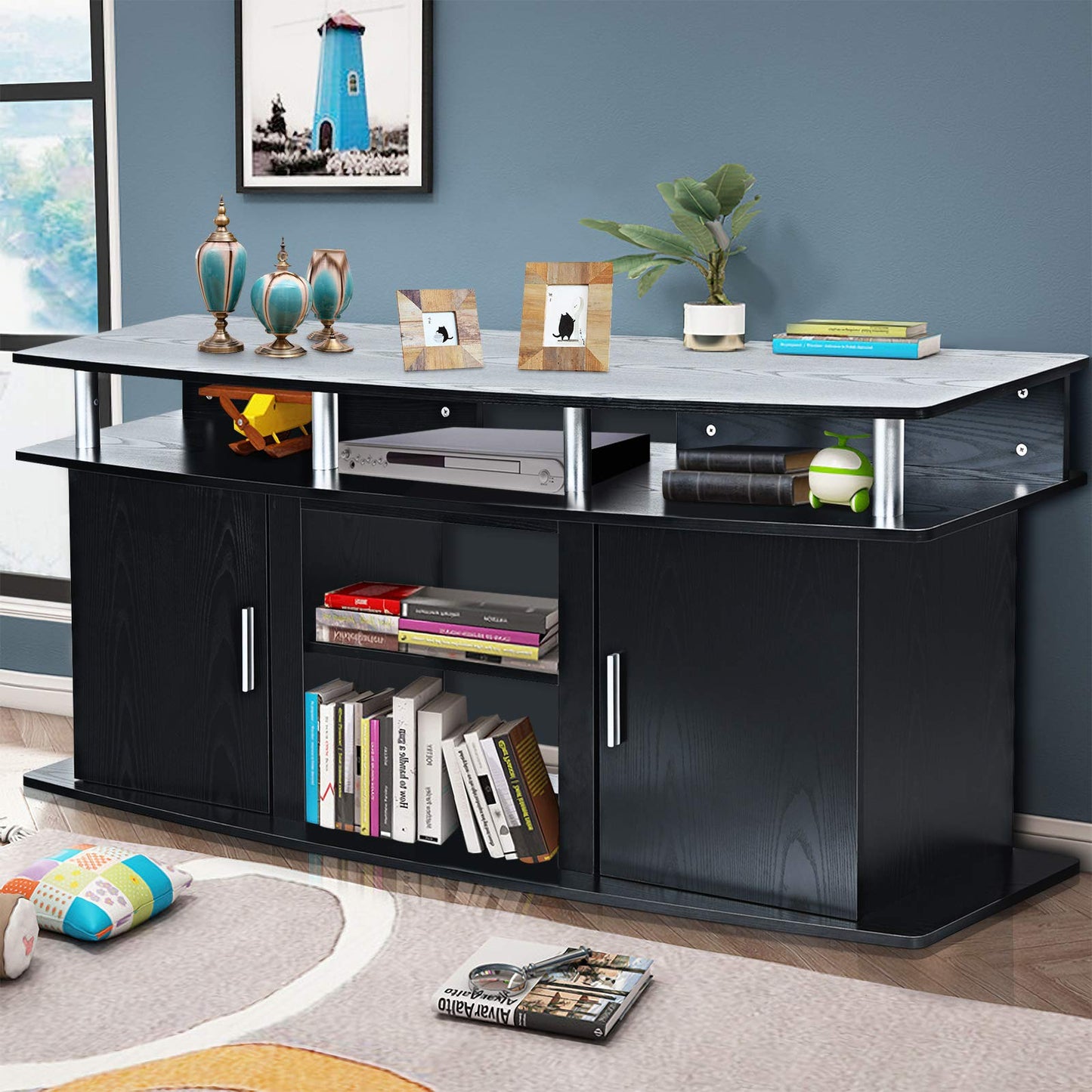 Tangkula Modern TV Stand for TVs up to 70 Inches, Living Room Console Table w/2 Cabinets & Open Shelves, Media Entertainment Center for 18 Inches Electric Fireplace (Not Included) (Black)