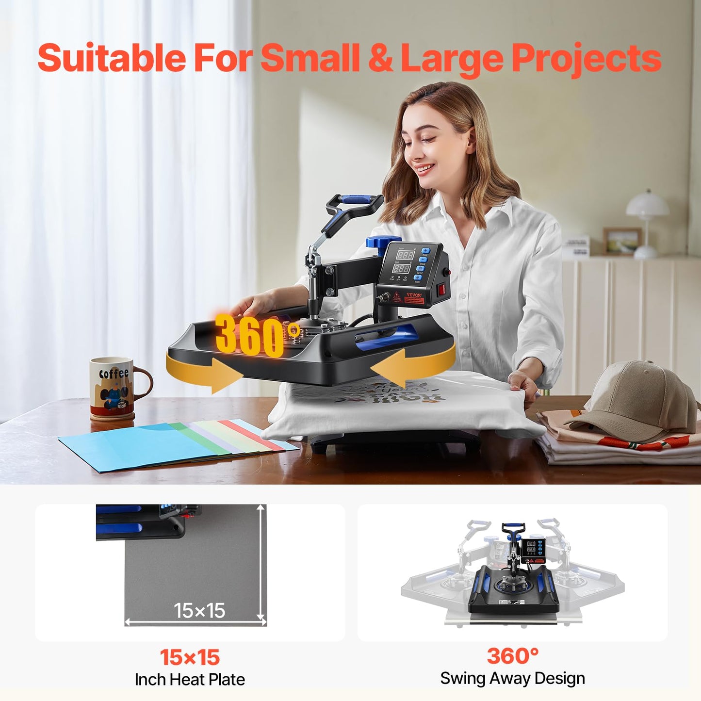 VEVOR 8 in 1 Heat Press Machine 15x15 Inch, 360° Swing Away Shirt Press Machine - Digital Professional Heat Transfer Tshirt Press Machine, Sublimation Heat Press for T Shirts Hat Cap Mug Plate Blue