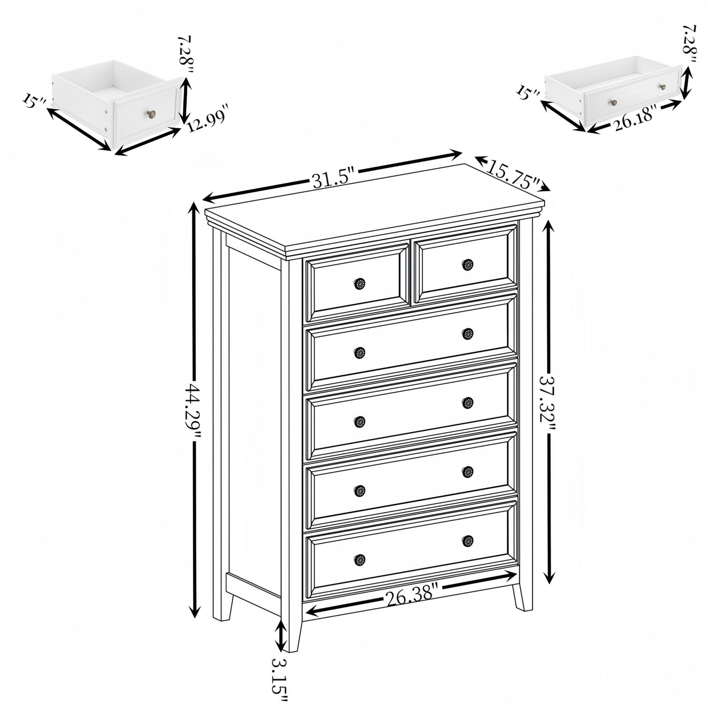 CKEASEAN 6 Drawer Dresser, 44 inch Tall Farmhouse Dresser Nightstand Chest of Drawer, Wooden Storage Cabinet Storage Chest of Drawers for Living Room, Hallway, Entryway (White, 44" H)