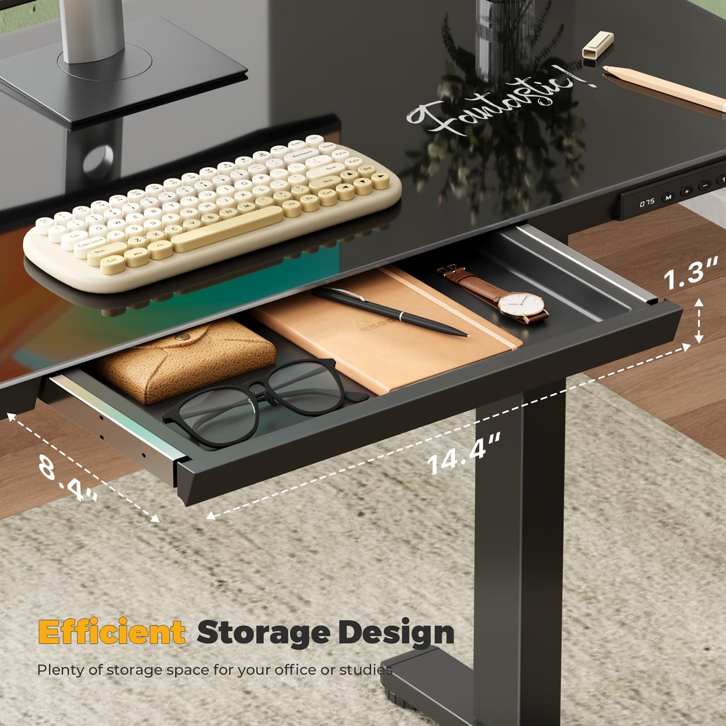 JYLH JOYSEEKER Glass Electric Standing Desk with Drawer, 35" x 20" Whole Piece Tabletop Samll Sit Stand Table, Height Adjustable Workstation with Storage & USB Ports, Quick Install Home Office Desk