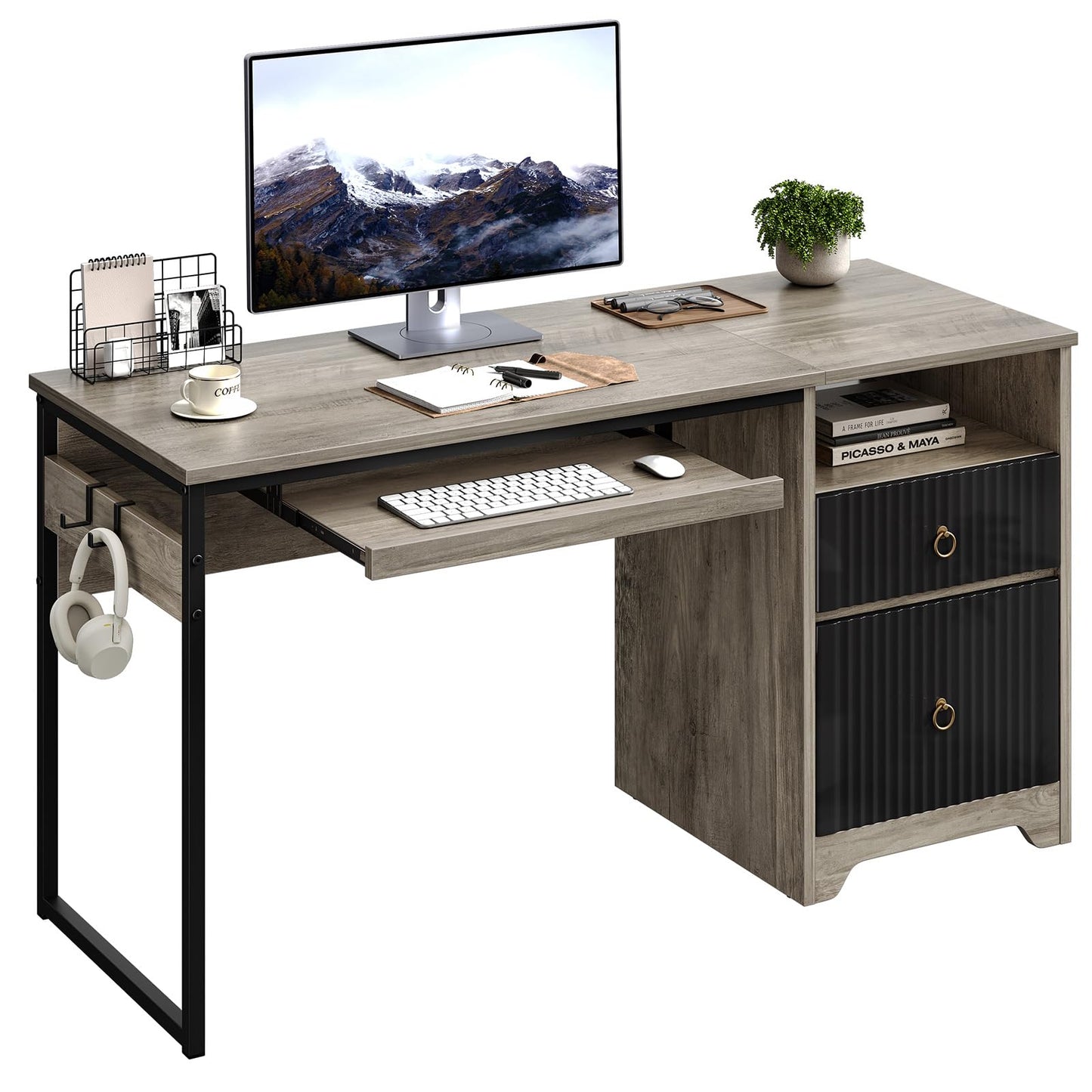 Bestier 55 Inch Computer Desk with Keyboard Tray, Modern Office Desk with Storage, Wood Writing Desk with File Drawer, Fluted Panel & 2 Hooks for Home Office & Studio, Grey