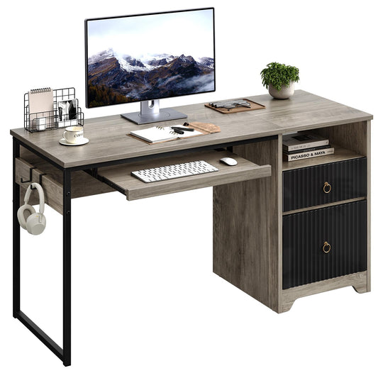 Bestier 55 Inch Computer Desk with Keyboard Tray, Modern Office Desk with Storage, Wood Writing Desk with File Drawer, Fluted Panel & 2 Hooks for Home Office & Studio, Grey