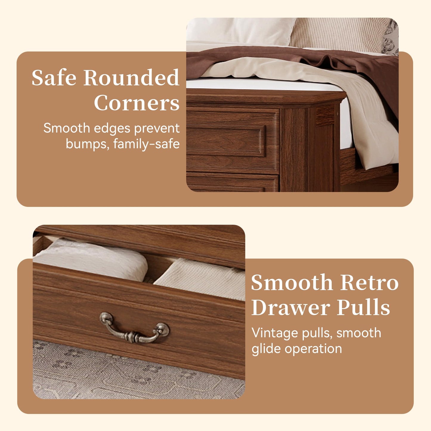 Ball & Cast Farmhouse Queen Size Bed Frame with Tall Headboard and Storage Bench,Wood Platform Bed Frame Queen Size with with Storage Footboard & 2 Large Storage Drawers, No Box Spring Needed,Walnut
