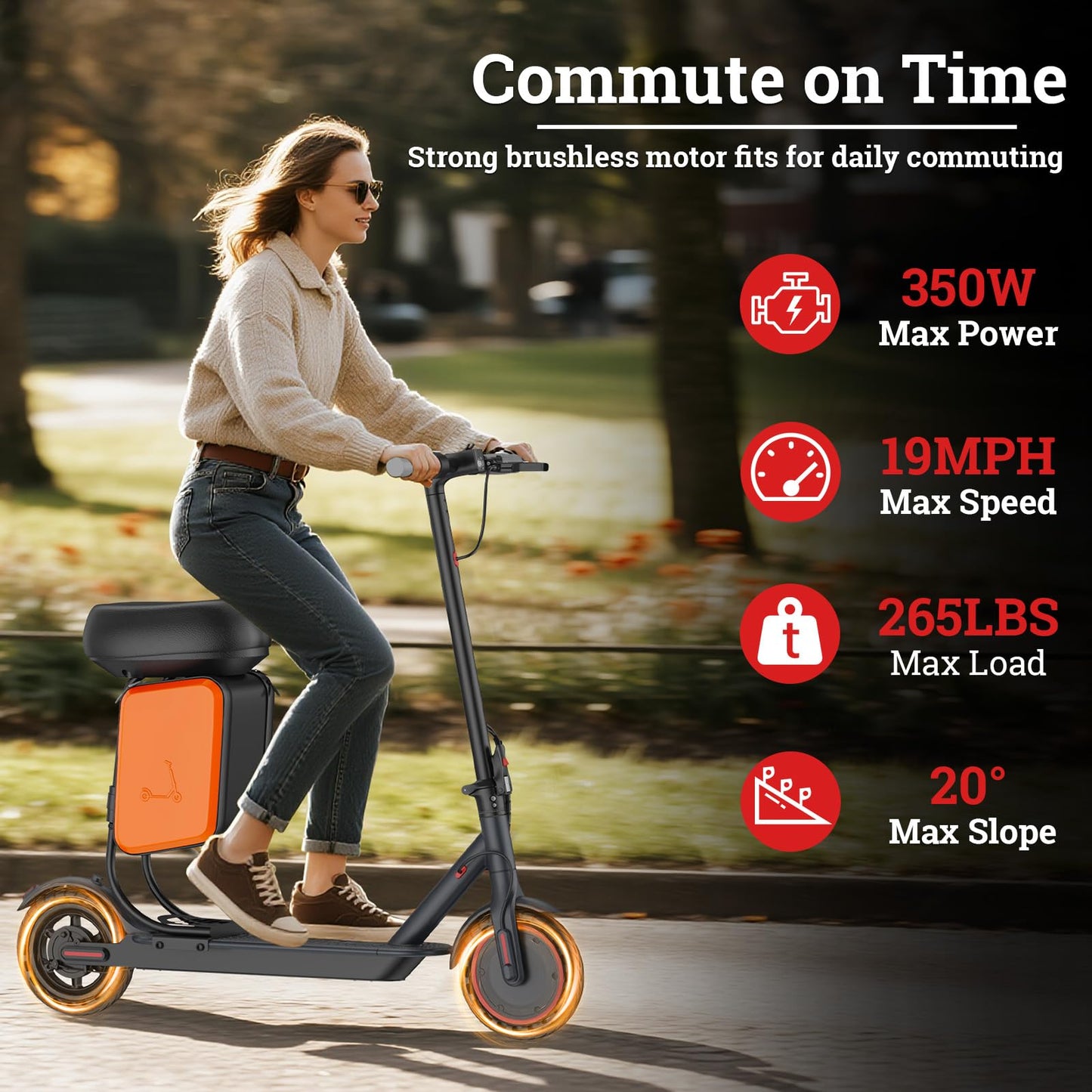Qlaway 8.5" Aluminum Alloy Frame E Scooter for Adults 19 MPH Sport Escooter 350W Motor, Electric Scooter Up to 22 Miles Range, Bearing 265 LBS/APP Control/Seat