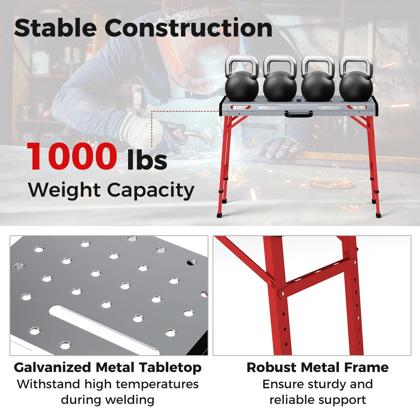 Goplus Portable Welding Table, 42" x 21" Folding Height Adjustable Weld Table Top w/1000LBS Capacity, 2 Bar Clamps, 8 Tool Slots, Handle, 0.7” Holes, Heavy-Duty Workbench Fixture Table for Garage