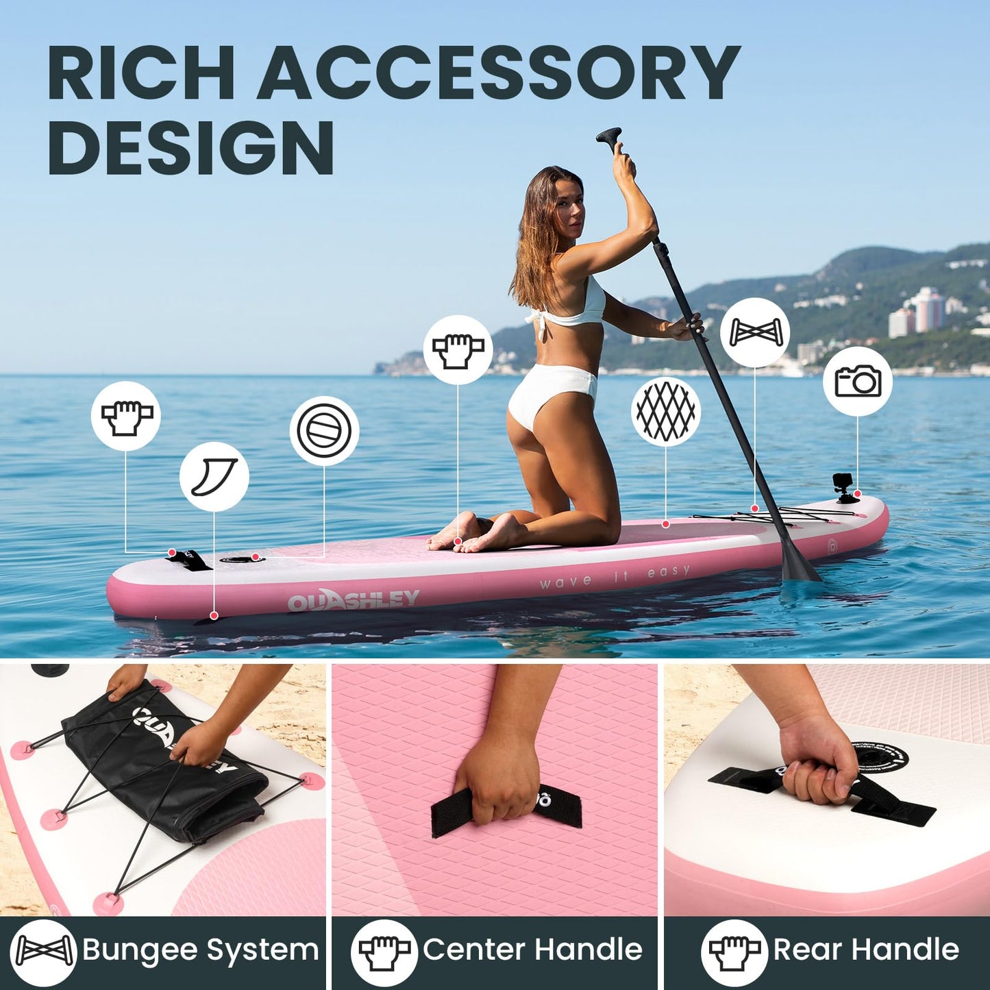 Quashley Inflatable Stand Up Paddle Board, Extra Wide 34" Sup Board for All Skill Levels with Accessories, Stable Paddleboards for Youth & Adults Lightweight SUP Boards Pink Color