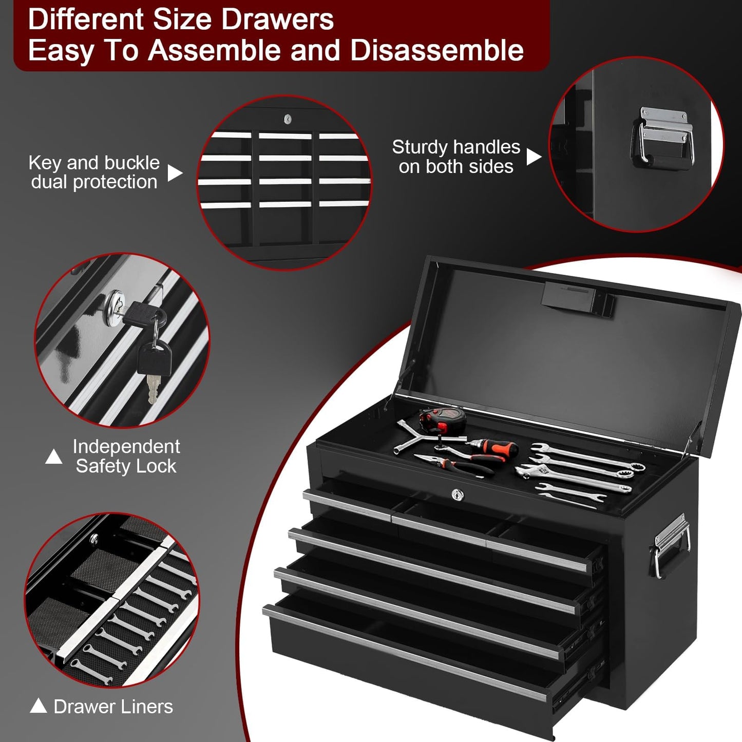 8-Drawer Rolling Tool Chest with Wheels, 2-in-1 Detachable Tool Box Cabinet, Steel Tool Cart Organizer with Portable Top Chest, Lockable Drawers and Casters for Garage, Workshop, Shop, Black