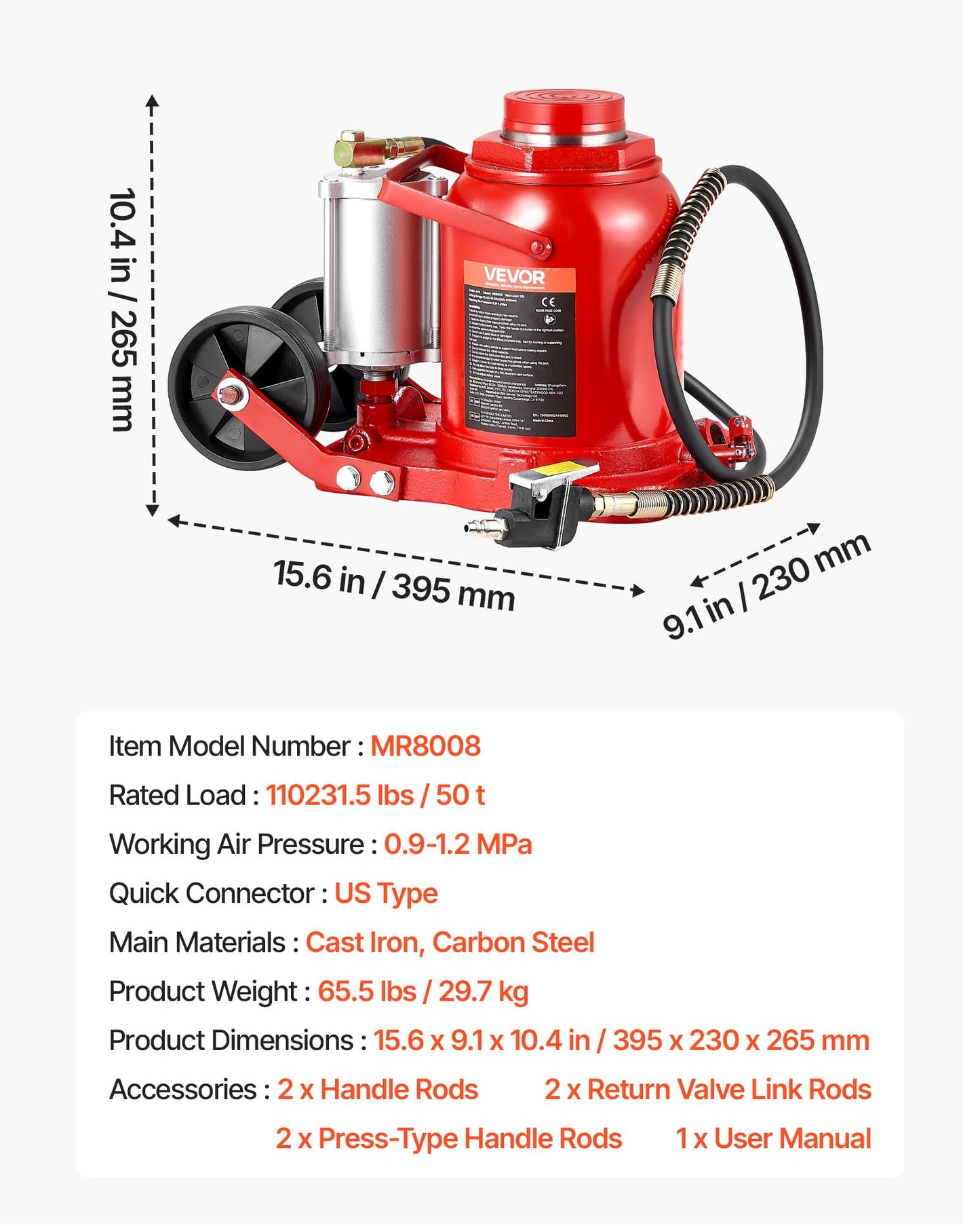 VEVOR Pneumatic Bottle Jack 50T Hydraulic Car Jack Lift Range 27-43cm Air Transmission Jack 110231lbs for Heavy Duty Vehicles