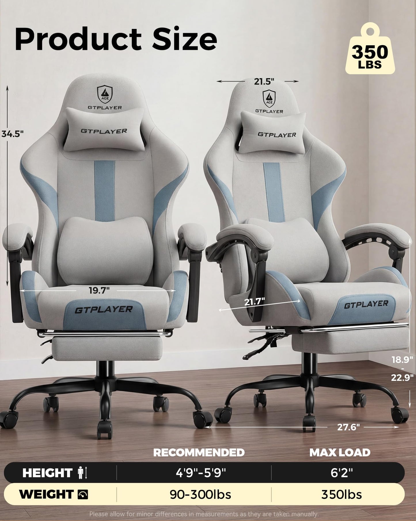 LUCKRACER Big and Tall Gaming Chair, 350Lbs Heavy Duty Office Chairs High Back Computer Chairs with Foot Rest Wide Cushion Lumbar Support Desk Chair Comfy for Adults Breathable Fabric, Smoky-Grey