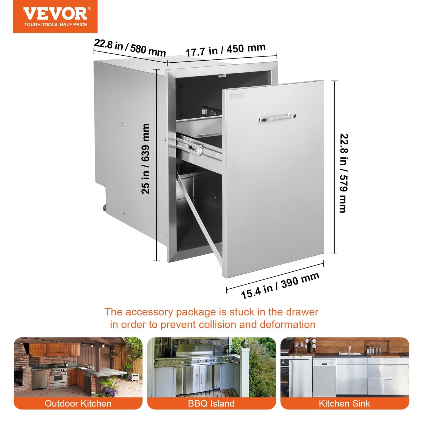 VEVOR Outdoor Kitchen Trash Drawer 17.7W x 25H x 22.8D Inch, Stainless Steel Trash Drawer with Handle and Pull-Out Tray, Outdoor Pull Out Kitchen BBQ Island, Trash Can NOT Included