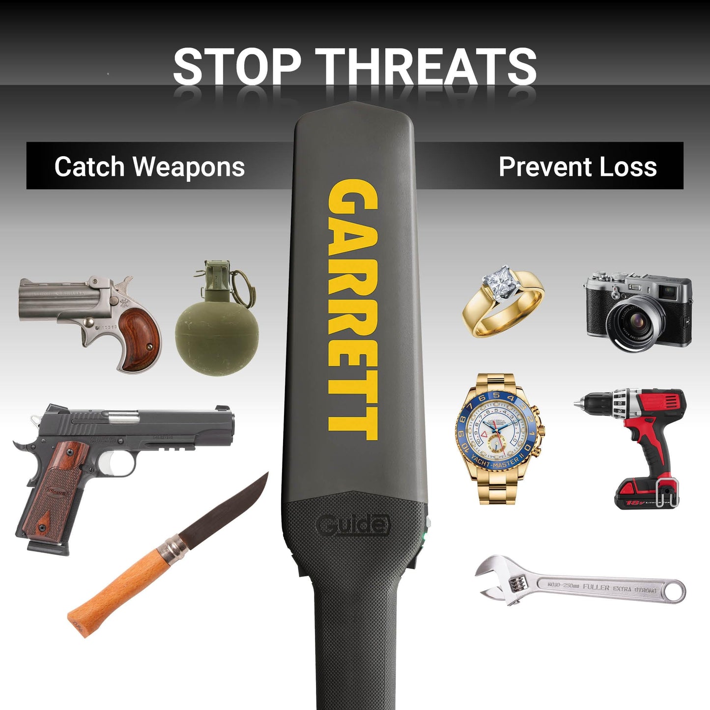 Garrett Guide Metal Detector Wand - Professional Handheld Security Scanner, Scans All Metals, Rechargeable Battery, Waterproof, Made in USA
