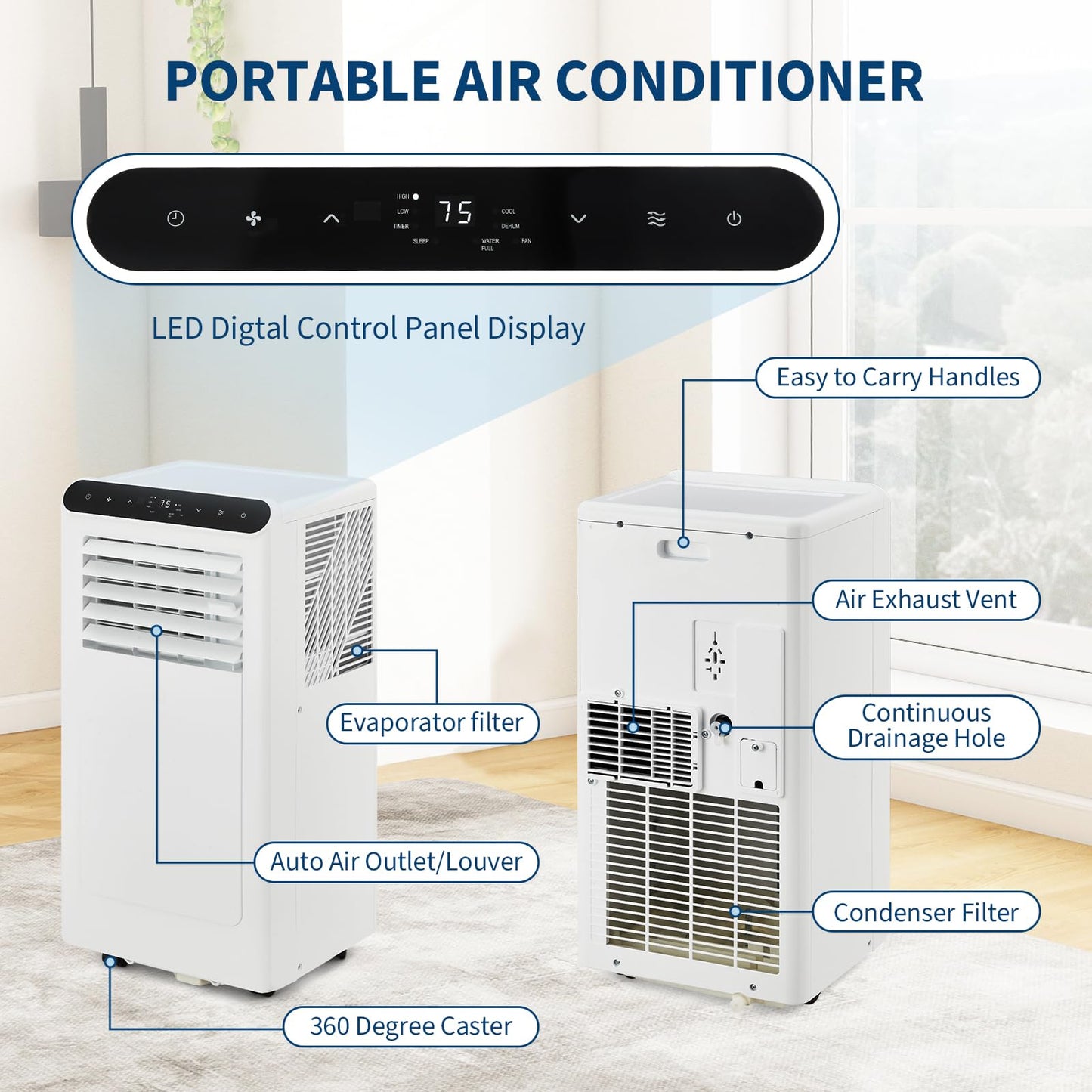8000 BTU Portable Air Conditioner, Cools Up to 350 Sq.ft. Quiet AC Unit with Remote, 3-in-1 Dehumidifier Fan Sleep Mode 24H Timer, Easy Install Window Kit, for Home,White+White Panel