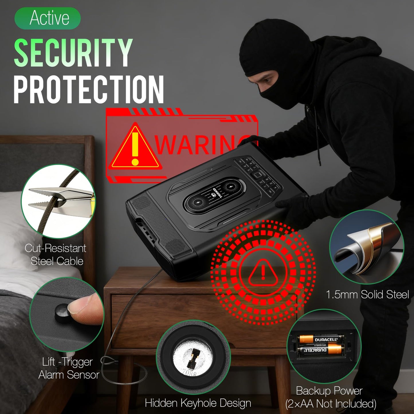 TRRKO Biometric Gun Safe with Built-in Speaker, High-Accuracy & Fast-Response Fingerprint, Wireless Charging Station, Fully Auto-Open Drawer, Fits 2 Pistols, Bedside Handgun Safe for Nightstand