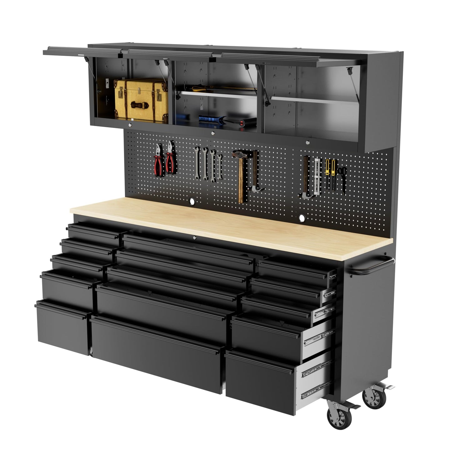 DOMINEVA 72-inch Heavy Duty Tool Chest & Rolling Workbench with 15 Drawers, Wheels,3 Upper Cabinet& Pegboard, for Garage, Shop, Workshop Use,Black