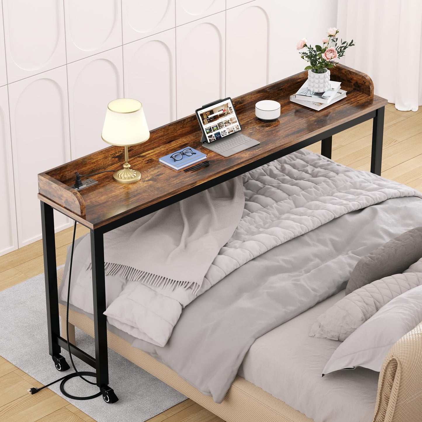 Ytaoka Table Overbed, Walnut, Queen Size, Wheels, Charging Station, 70.8" for Home and Hospital
