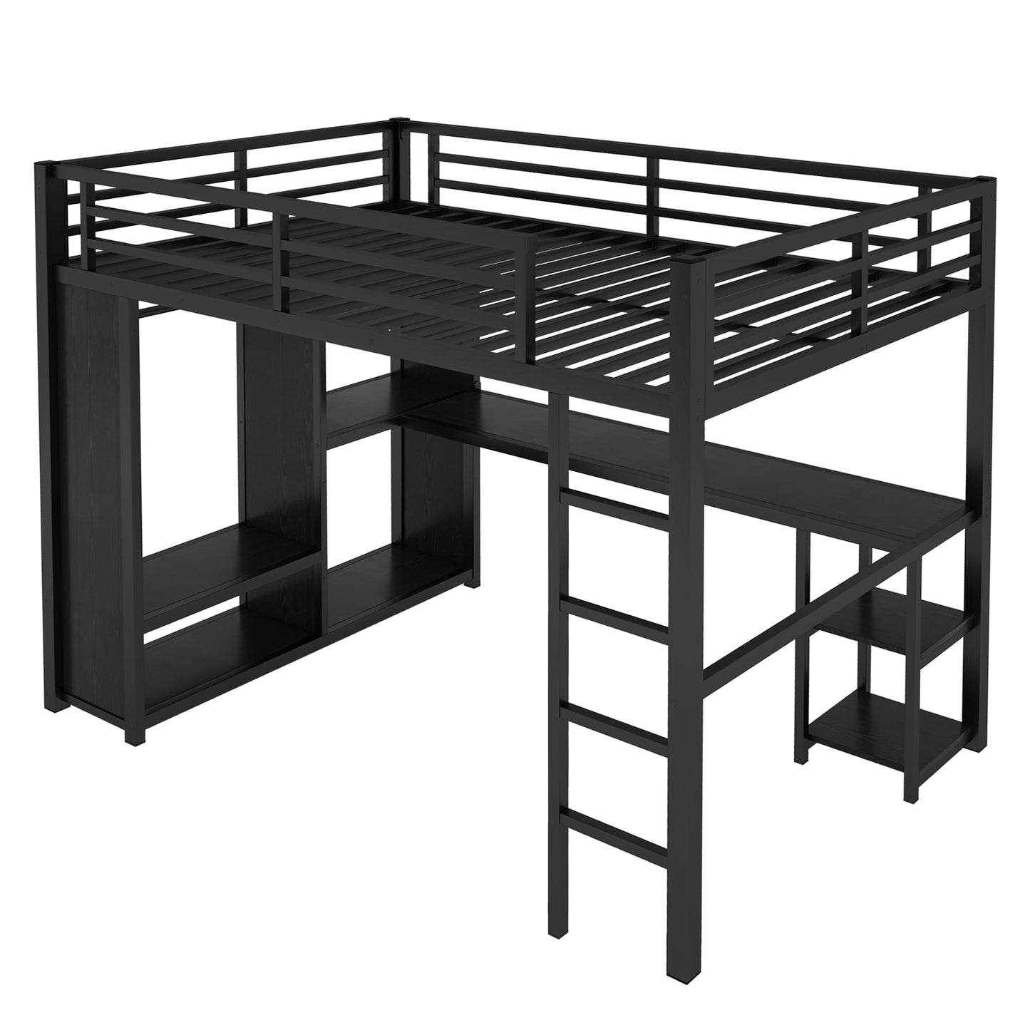 Bellemave Metal Full Size Loft Bed with Desk and Wardrobe,Heavy Duty Loft Bed Frame with Storage Shelves for Kids,Teens,Adults, Space Saving,Black