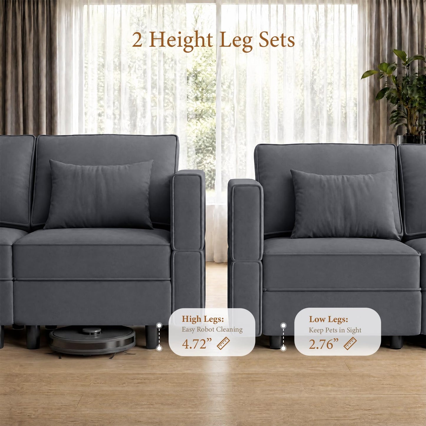 Vesgantti Sectional Sleeper Sofas with Storage, 92" Sofa Bed with 6 Seats Storage Chaises Removable Cover, Deep Seat Modular Couches Velvet Couch Set for Living Room, Apartment, Home Theater, Gray