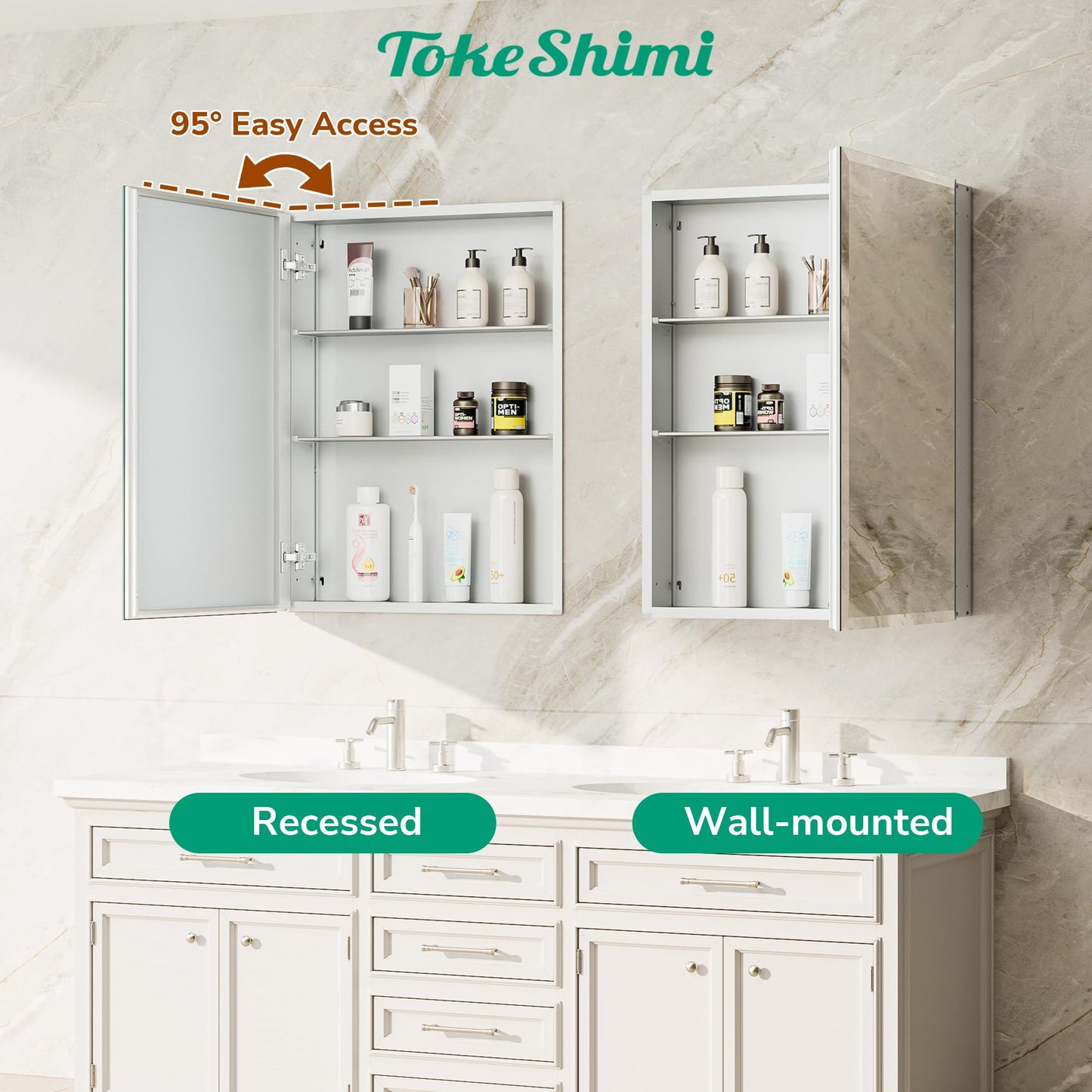 TokeShimi 36 x 24 Medicine Cabinet for Bathroom with Mirror, Assembly Required, Wall Mounted Medicine Cabinet with Tempered Beveled Mirror, Stepless Adjustable Shelves, DTC Hinge