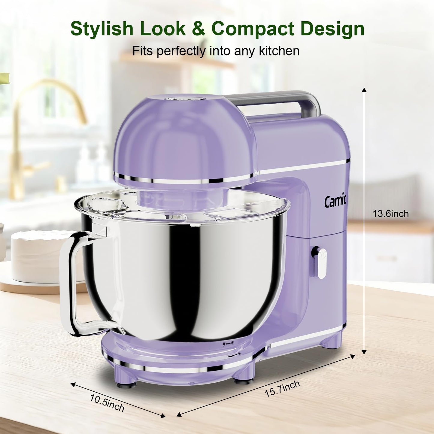 Camic Electric Stand Mixer,7.45 QT,10 Speeds with Dough Hook,Whisk, Flat Beater Attachments, Splash Guard, Easy-Carry Top Handle,3-IN-1 Kitchen Mixer for Baking Cakes Cookie Bread Salad (Purple)