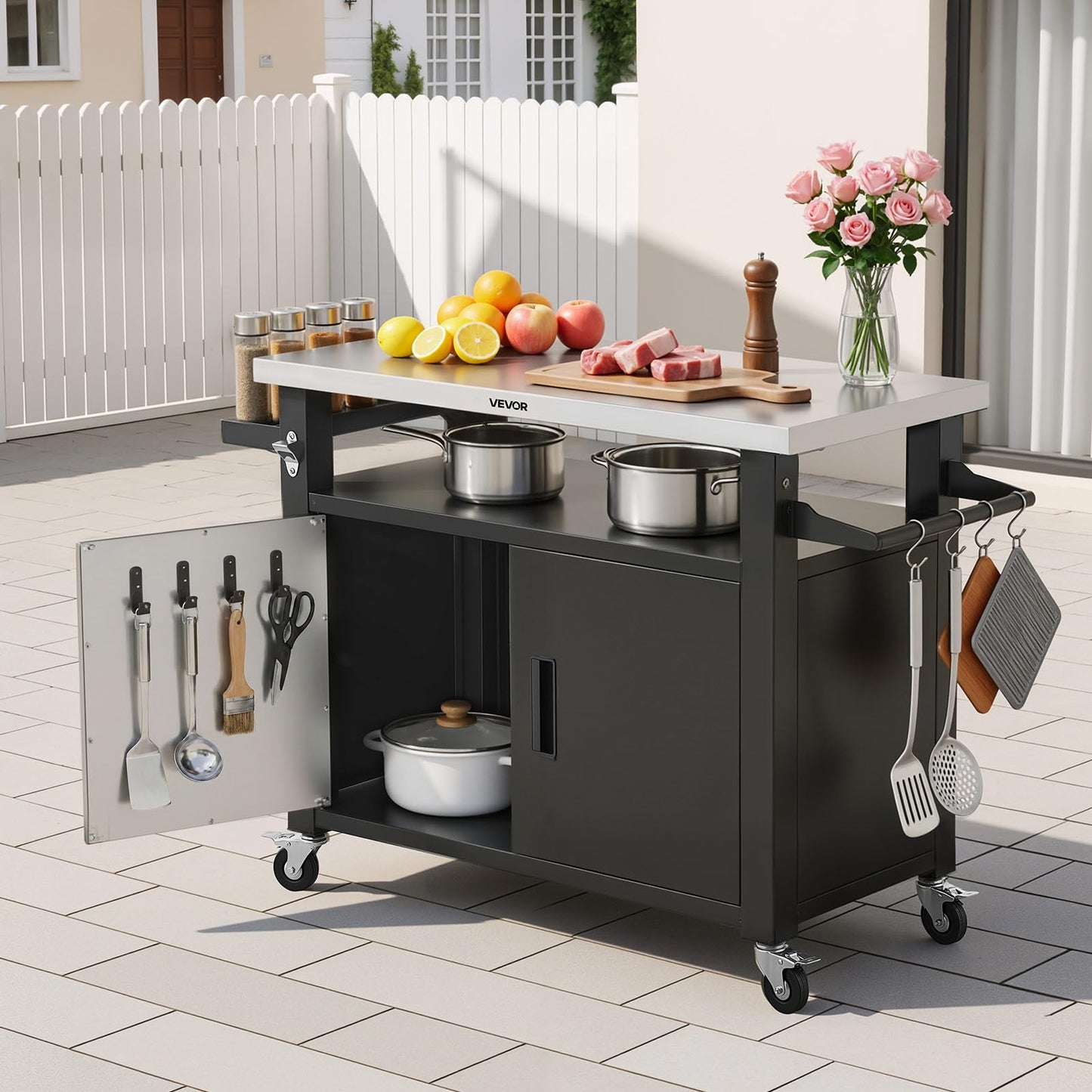VEVOR Outdoor Grill Cart with Storage Cabinet, 53.1 Inch Grill Table, Waterproof Kitchen Island with Stainless Steel Top, Shelf, and Wheels, Movable Food Prep Station for Patio Bar Backyard BBQ