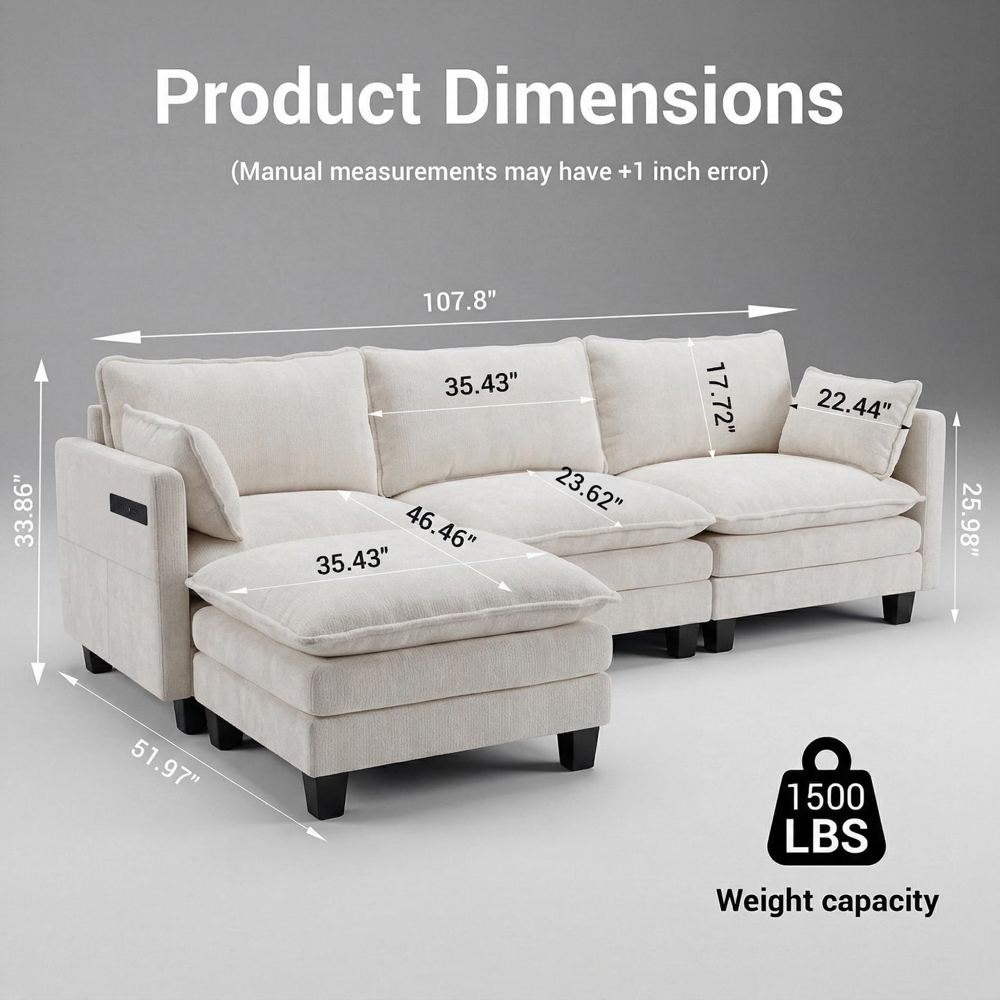 Eafurn Modular Sectional Sofa with Movable Ottomans for Living Room, 4 Seater Convertible U Shaped Sectional Couch Modern Reversible Chenille Sofa Set w/USB Ports and Side Pockets