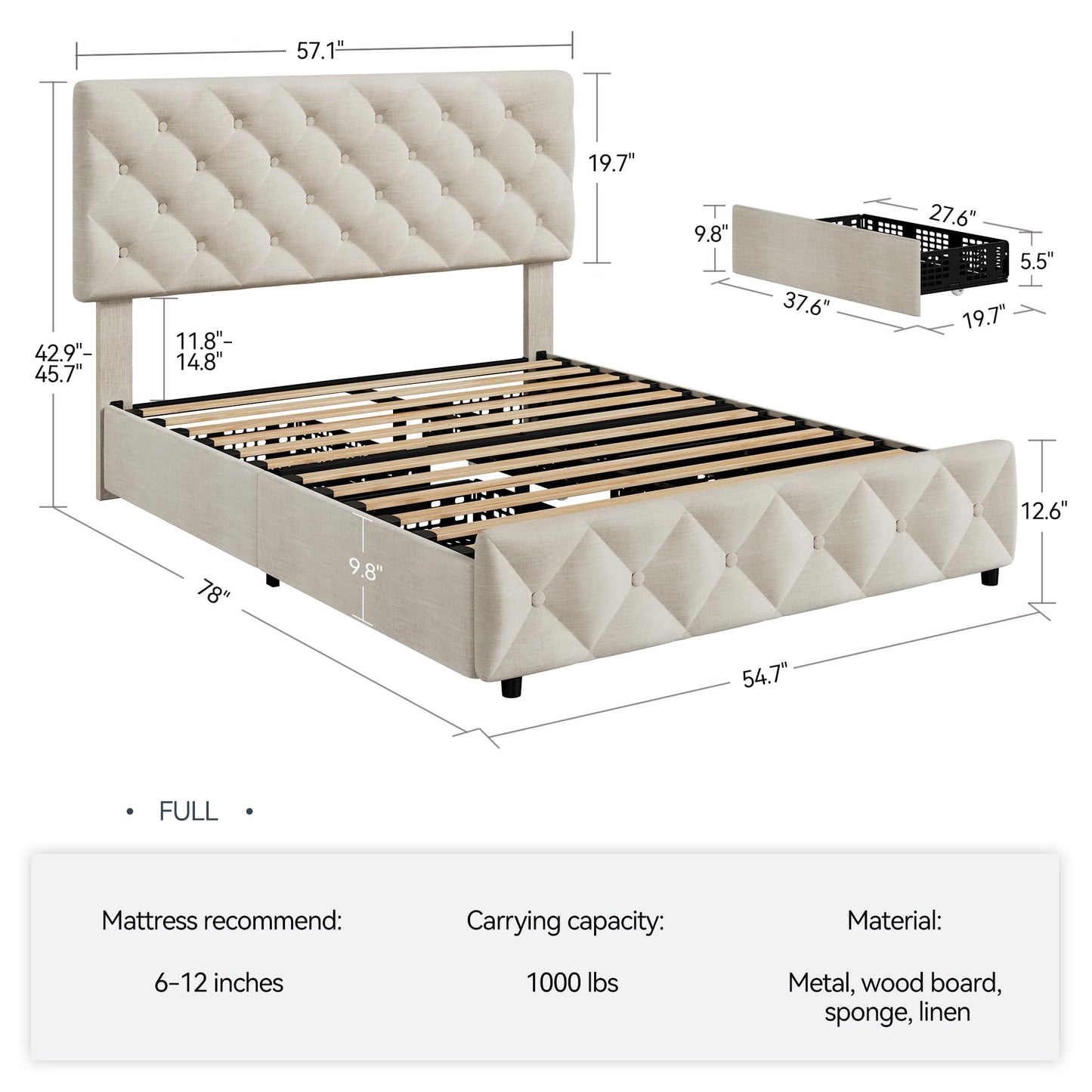 IDEALHOUSE Full Size Bed Frame with 4 Drawers, Upholstered Platform Bed Frame with Headboard, Wooden Slat, No Box Spring Need, Beige