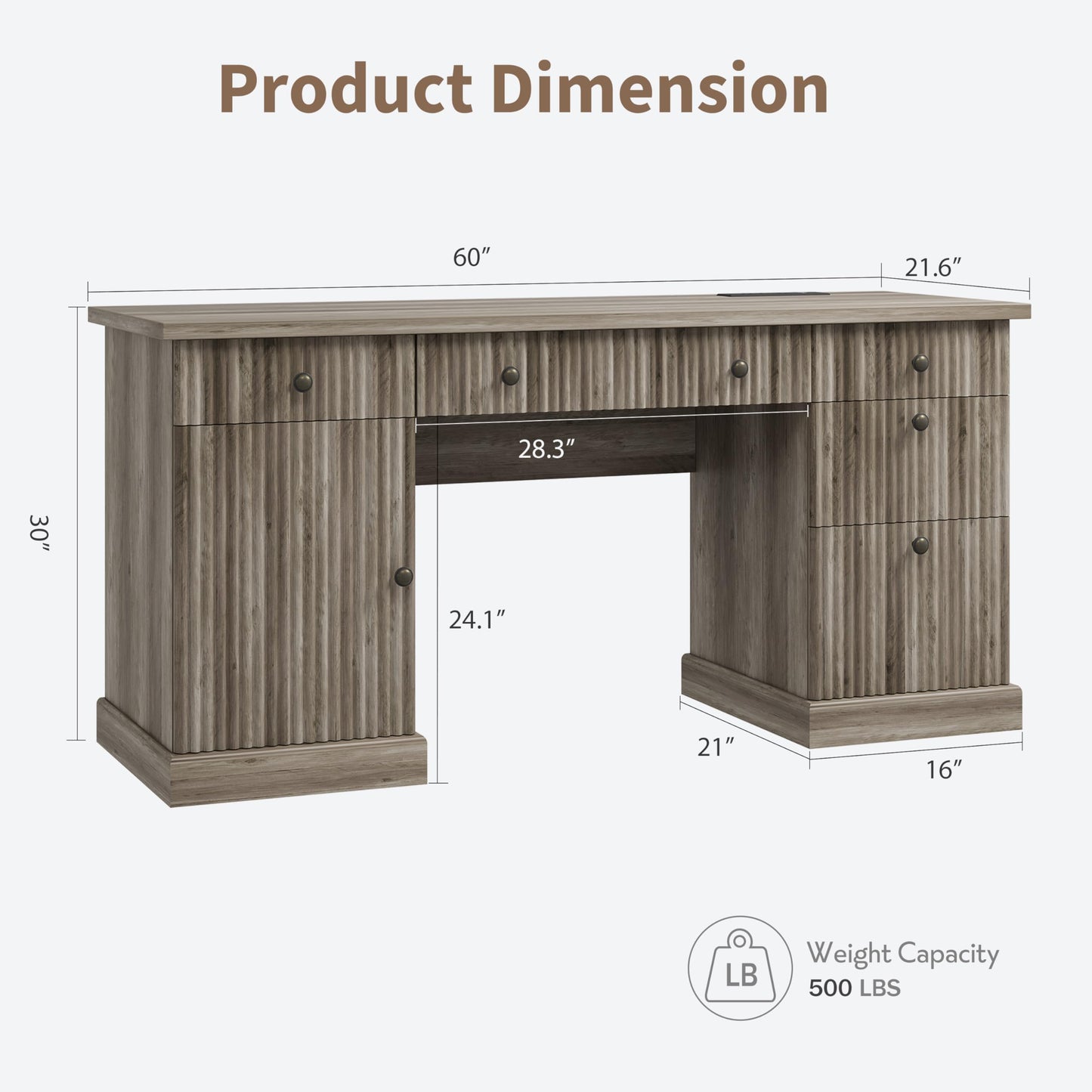 Garvee 60" Office Desk with Storage & Drawers. Fluted Wood Computer Desk with Power Outlet & Adjustable Shelves.Modern Executive Desk for Home Office/Bedroom/Gaming-Grey