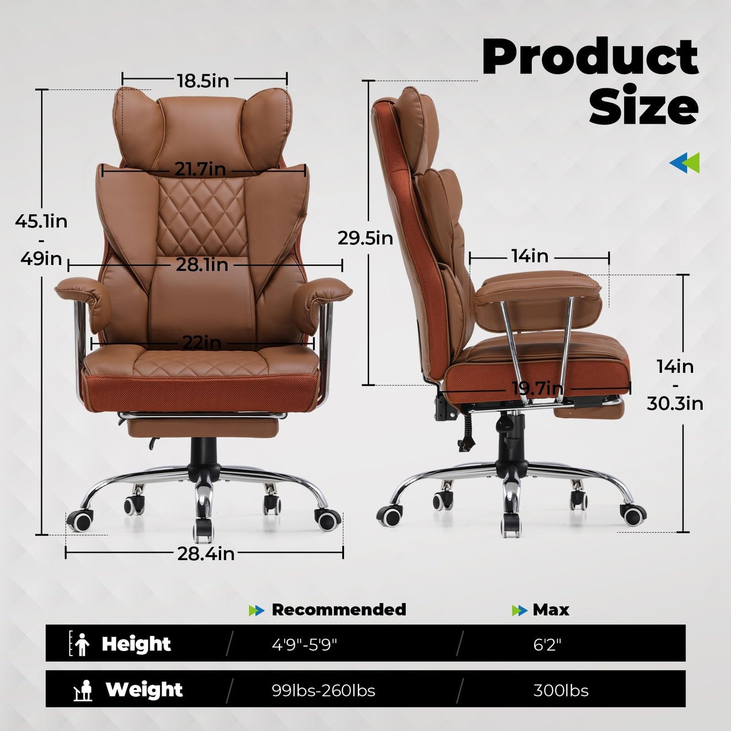 COMHOMA Big and Tall Office Chair, High Back Leather Gaming Chair with Footrest, Executive Ergonomic Office Chairs with Pocket Spring Lumbar Support and with Outward Fixed Soft Armrests