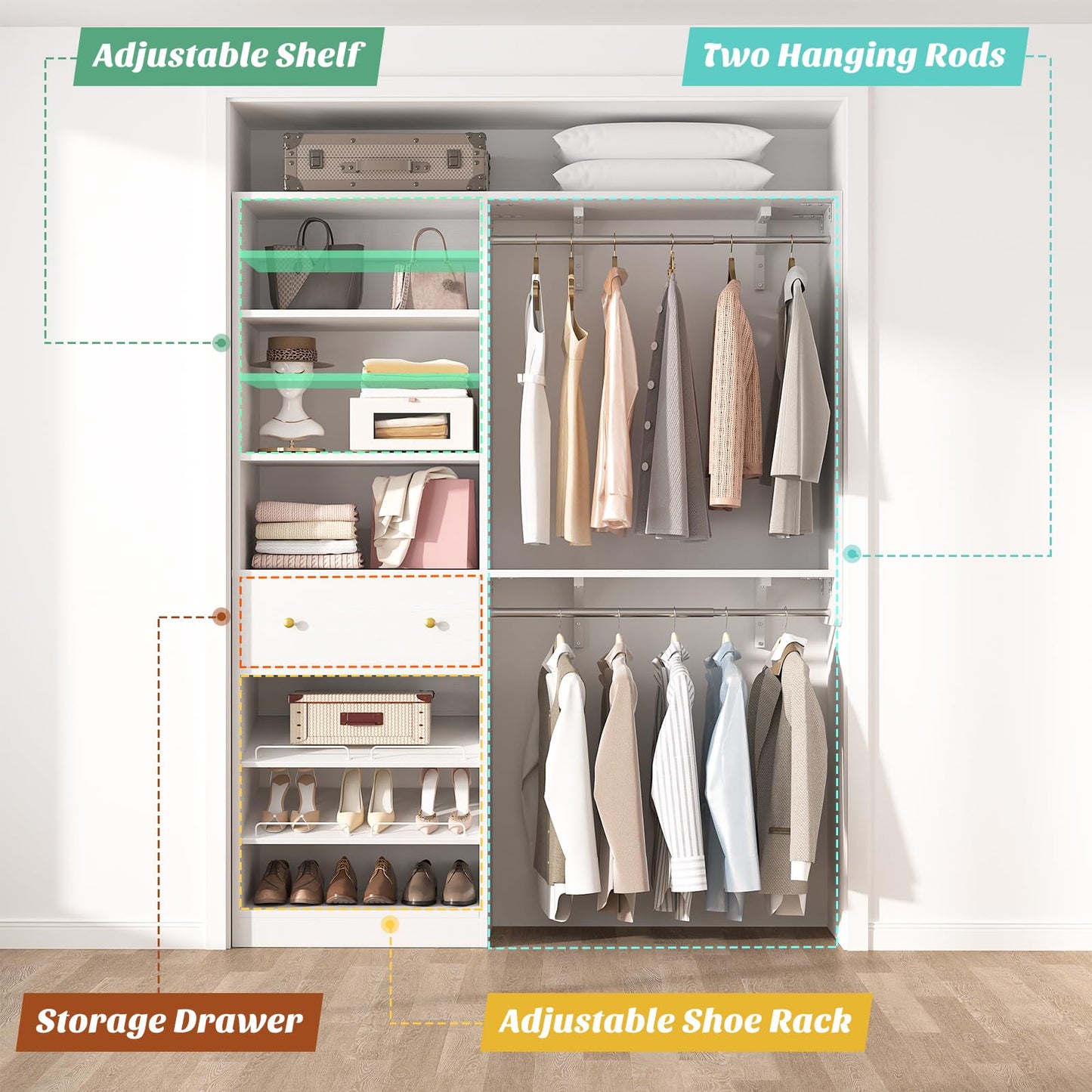 [10 FT Closet System] 120 Inch Reversible Set of 2 Wood Closet Organizer System with 2 Drawers, 4 Hanging Rods Adjustable Shelf, Walk In Closet Organizers with Shoe Rack, Garment Rack, White