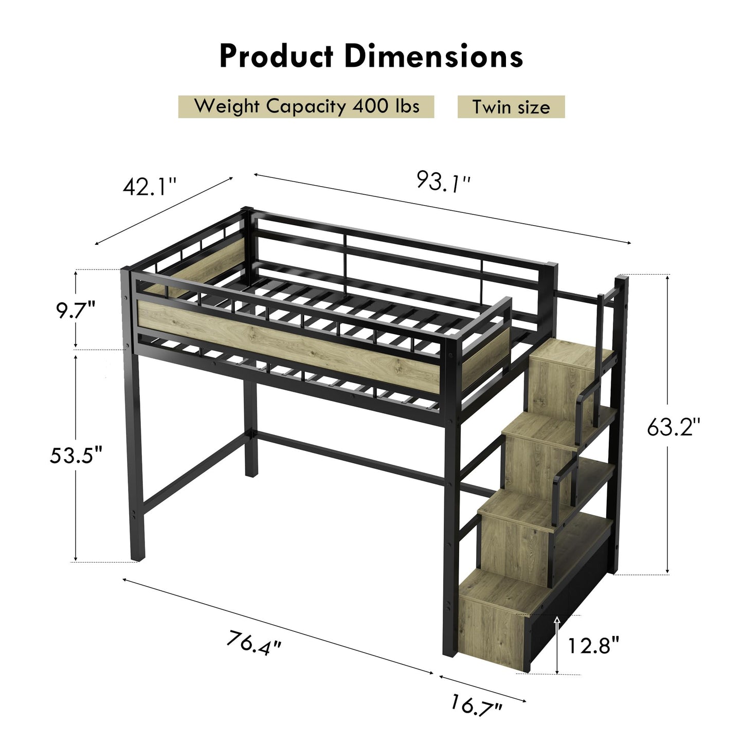 SDHYL Twin Size Loft Bed, with Storage Stairs & Drawers,Space-Saving Heavy-Duty Metal Bed Frame, No Box Spring Needed, Ideal for Dorms and Small Rooms, Easy Assembly, Black