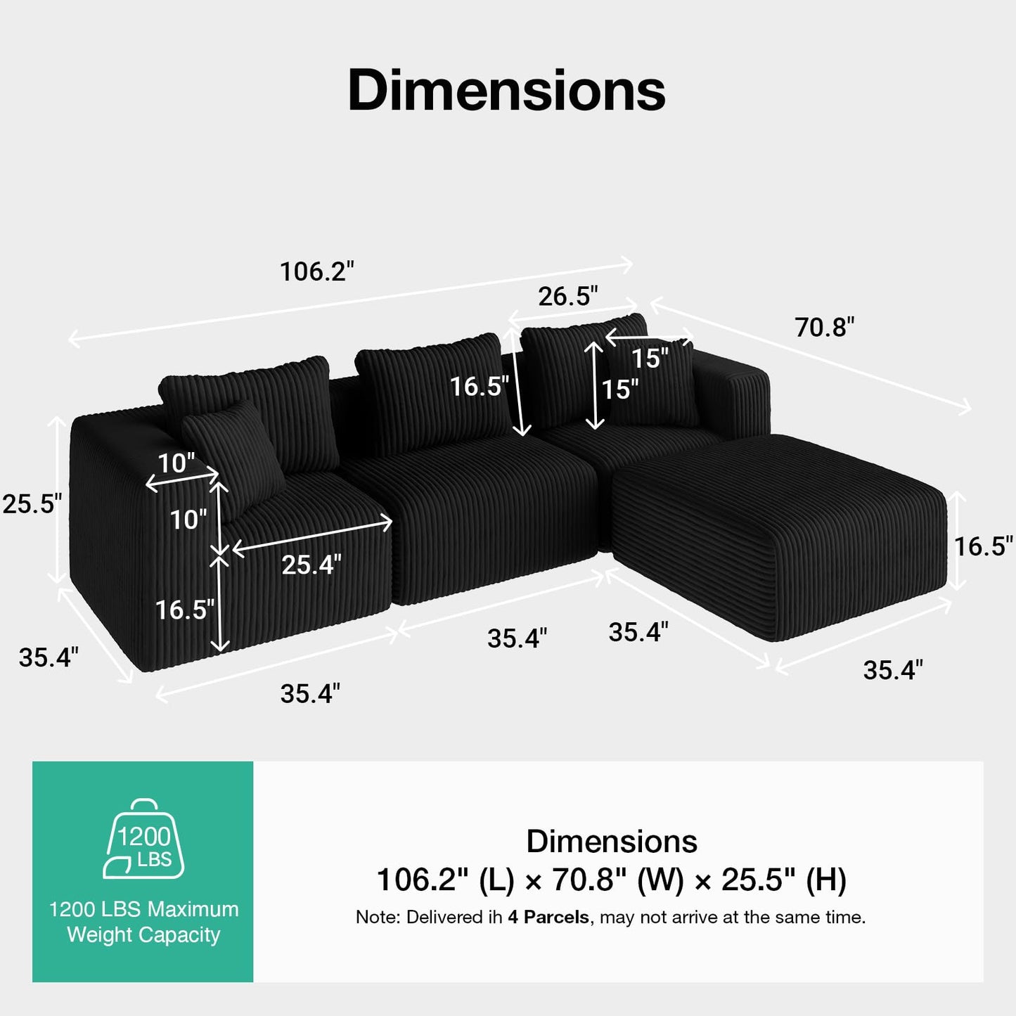 Novilla 106" Modular Sectional Sofa, Modern Cloud Sectional Couch with Smarts Coil® Support, L-Shape Boneless Couch for Living Room Apartments Bedroom, No Assembly Required (3 Seat w/ 1 Ottoman)