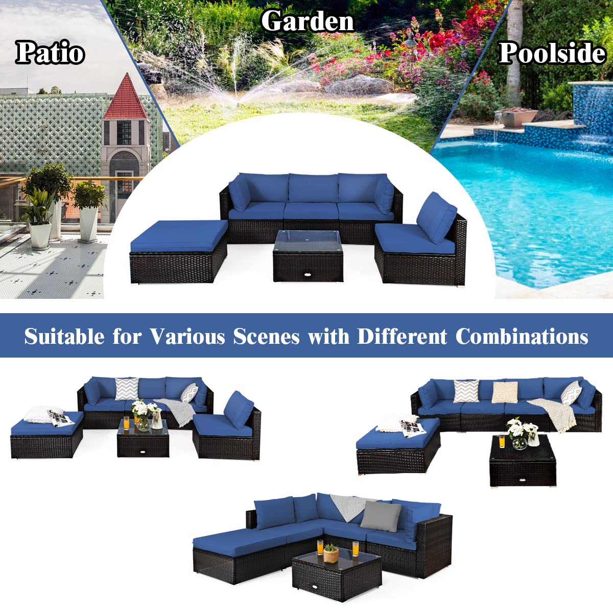 COSTWAY 6-Piece Outdoor Patio Furniture Set, Rattan Sectional Sofa Set with Tempered Glass Coffee Table, Cushions and Ottoman for Garden, Deck, Backyard (Navy)