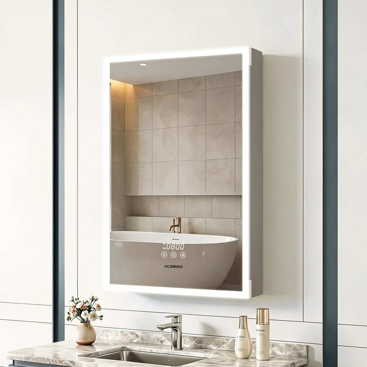 ACEMIRO 20"×30" Bathroom Mirror Cabinet, Recessed Lighted Medicine Cabinet with Mirror, Dimmable 3 Color Lights, Clock & Room Temp Display, Defogger, LED Bathroom Cabinet with Storage, Left Hinge