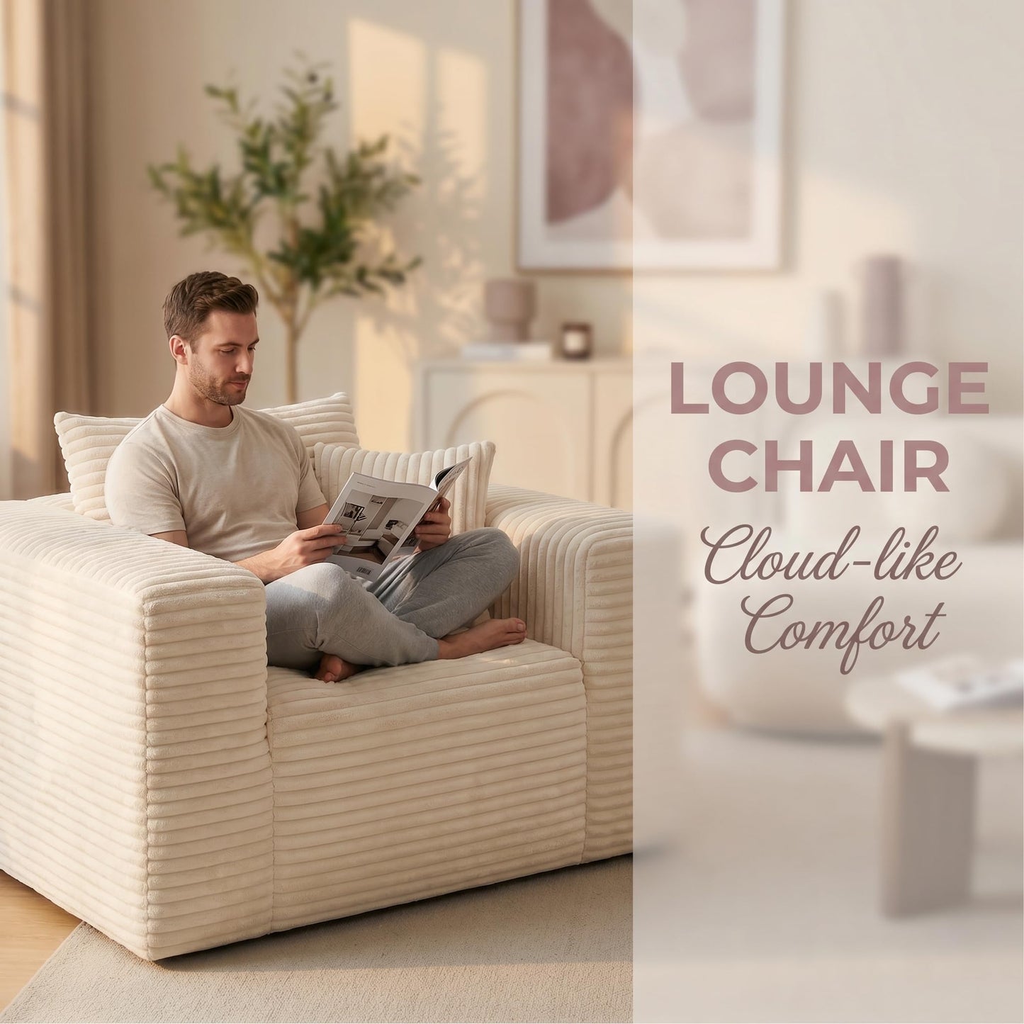 Trygoal Boneless Single Sofa Chair for Adult, Corduroy Cloud Lounge Chair with 2 Pillows & Wide Armrests, High-Density Foam Reading Couches for Living Room & Office, No Assembly Required, Beige