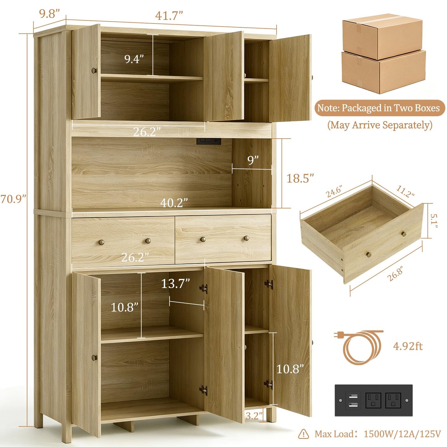 Garvee 71" H Pantry Cabinet with Charging Station, Tall Kitchen Pantry Storage Cabinet with Countertop, Modern Kitchen Hutch with Storage Drawers for Living Room, Dining Room, Natural